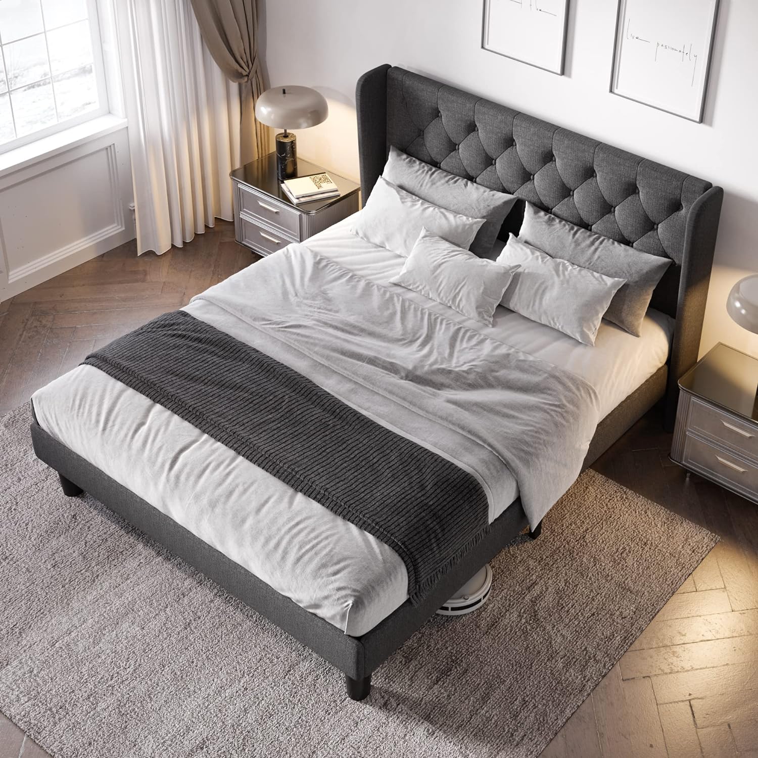 Allewie Queen Bed Frame with Button Tufted Wingback Headboard, Dark Grey | Modern Upholstered Platform Bed Frame, Strong Wood Slat Support