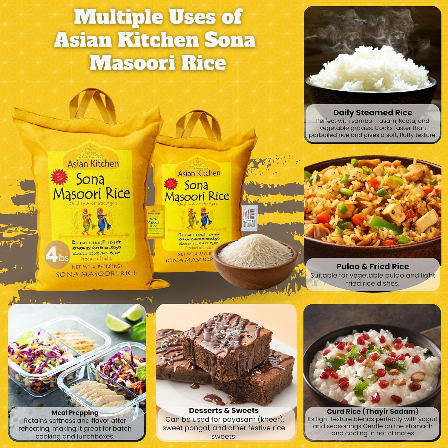 Asian Kitchen White Sona Masoori Aged Rice 20-Pound Bag, 20lbs (9.08kg) Short Grain Rice ~ All Natural | Gluten Friendly | Vegan | Kosher | Indian Origin | Export Quality