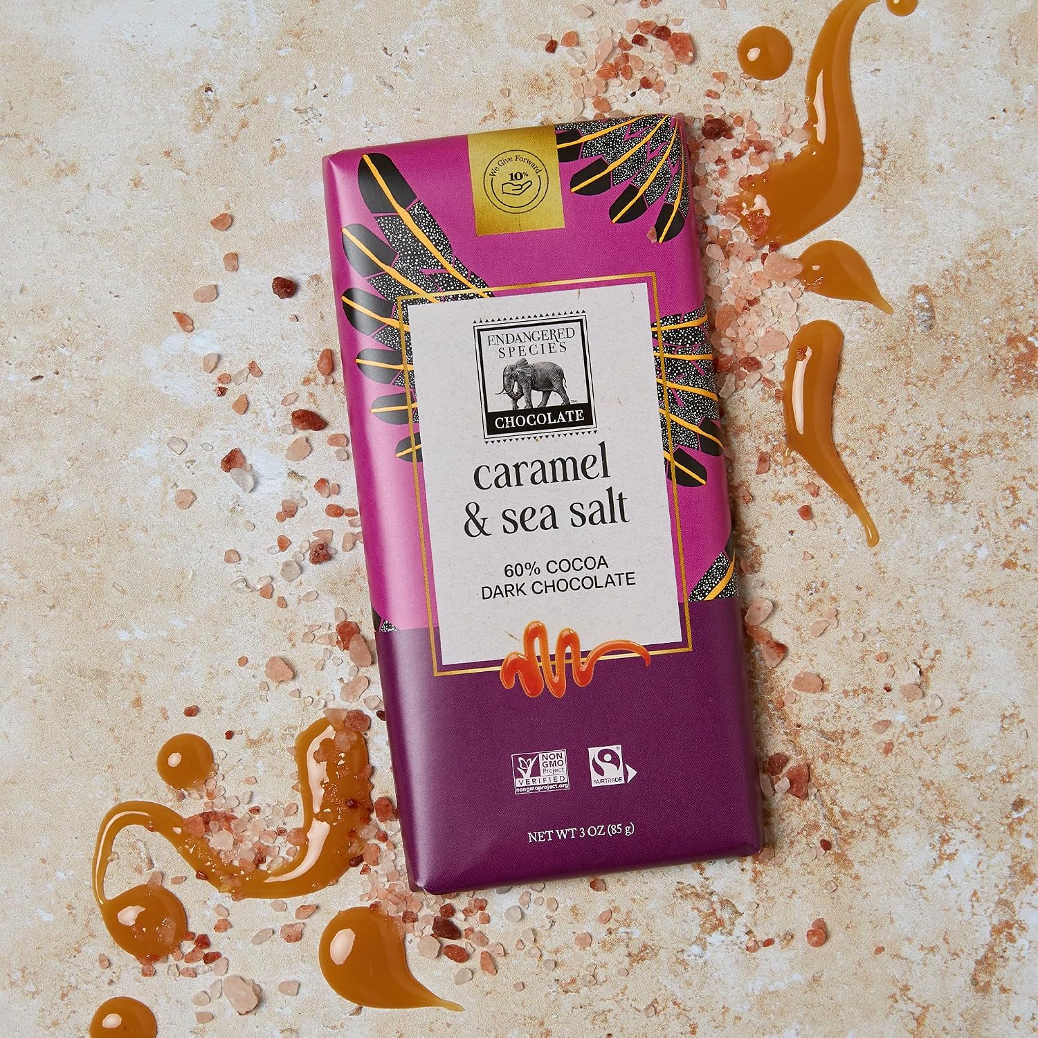 Dark Chocolate with Caramel & Sea Salt (60% cocoa) | Rich 60% dark chocolate with caramel and sea salt for a perfect balance of sweet, salty, and bold cocoa.