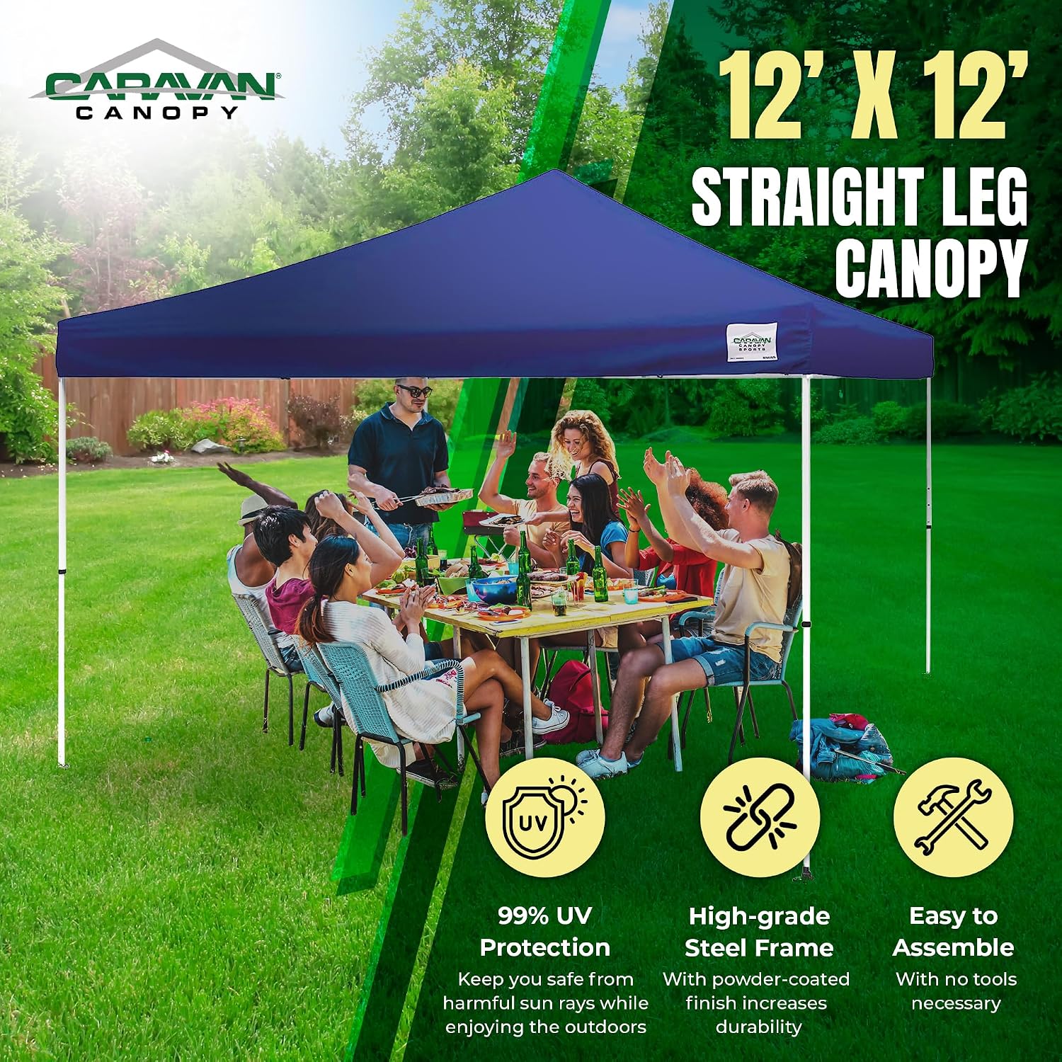 Caravan Canopy 12 by 12 Foot Polyester Straight Steel Leg Instant Pop Up Canopy Tent with Adjustable Height for Outdoor Events, Blue | 150D polyester top with 99 percent UV protection, 3 height settings to 9 ft, steel frame, roller bag and 4 stakes