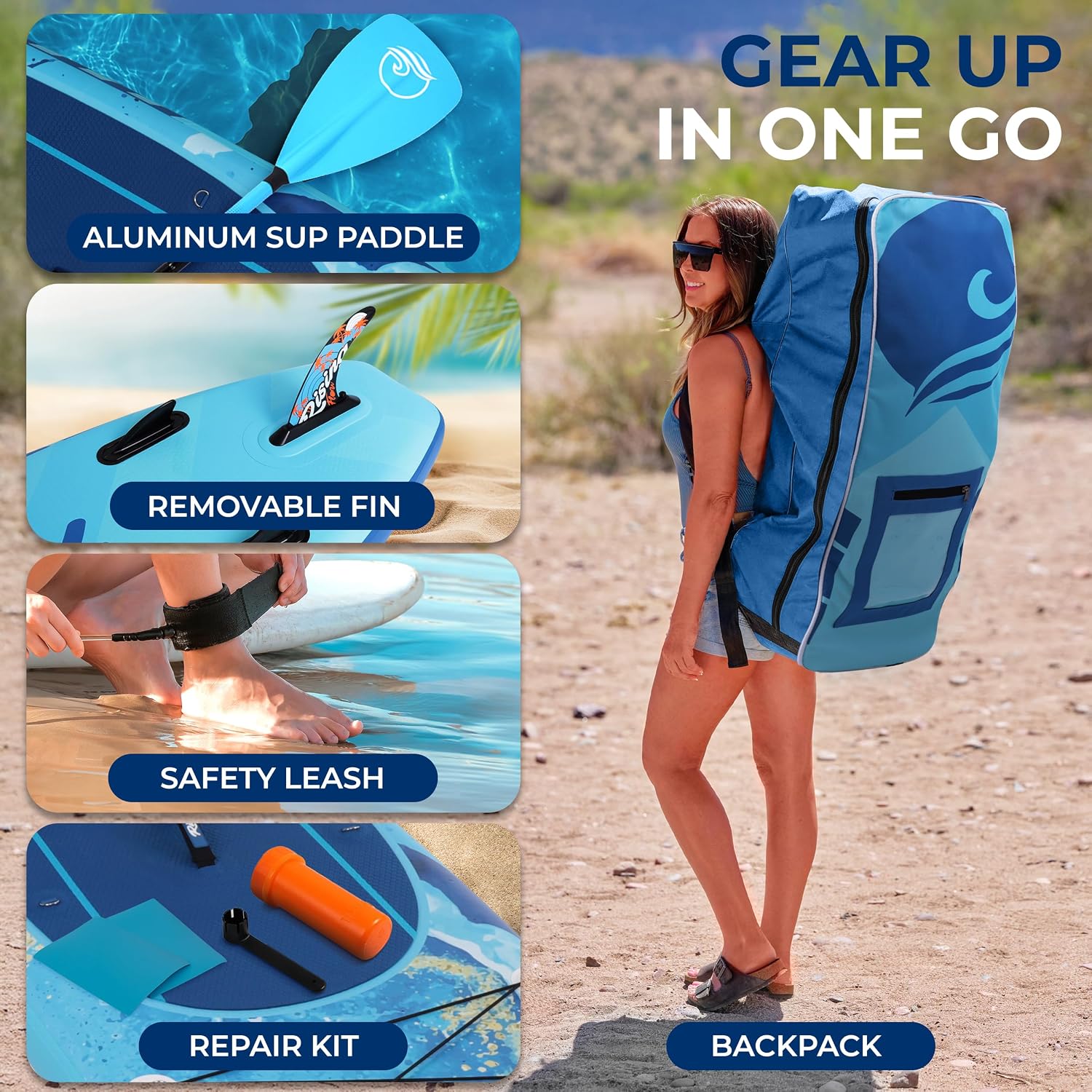 SereneLife 10’6” Inflatable Stand Up Paddle Board with Premium SUP Accessories - 32” Wide Stable Design with Non-Slip EVA Deck Pad