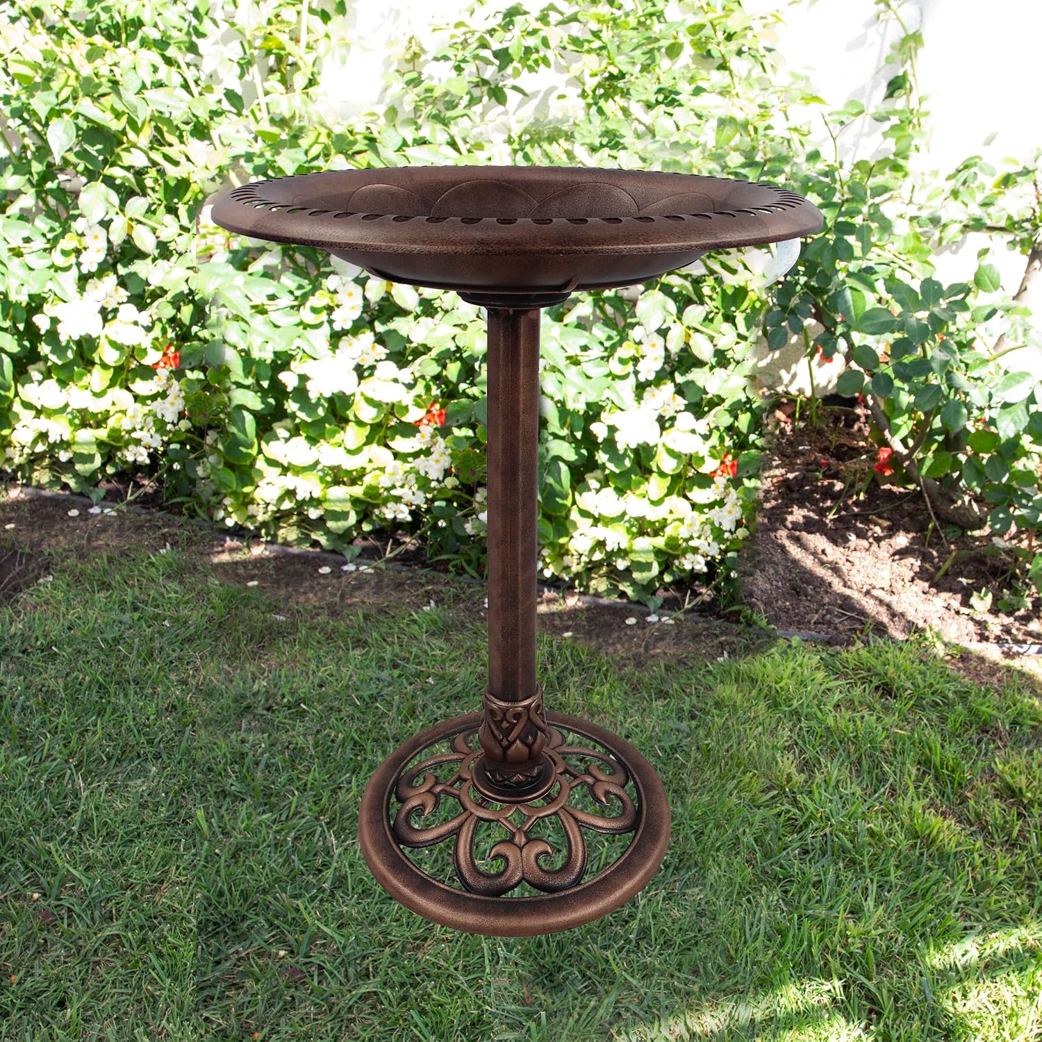 Alpine Corporation TEC116 Outdoor Aged Green Pedestal Birdbath with Scrollwork, 28" Tall, Green