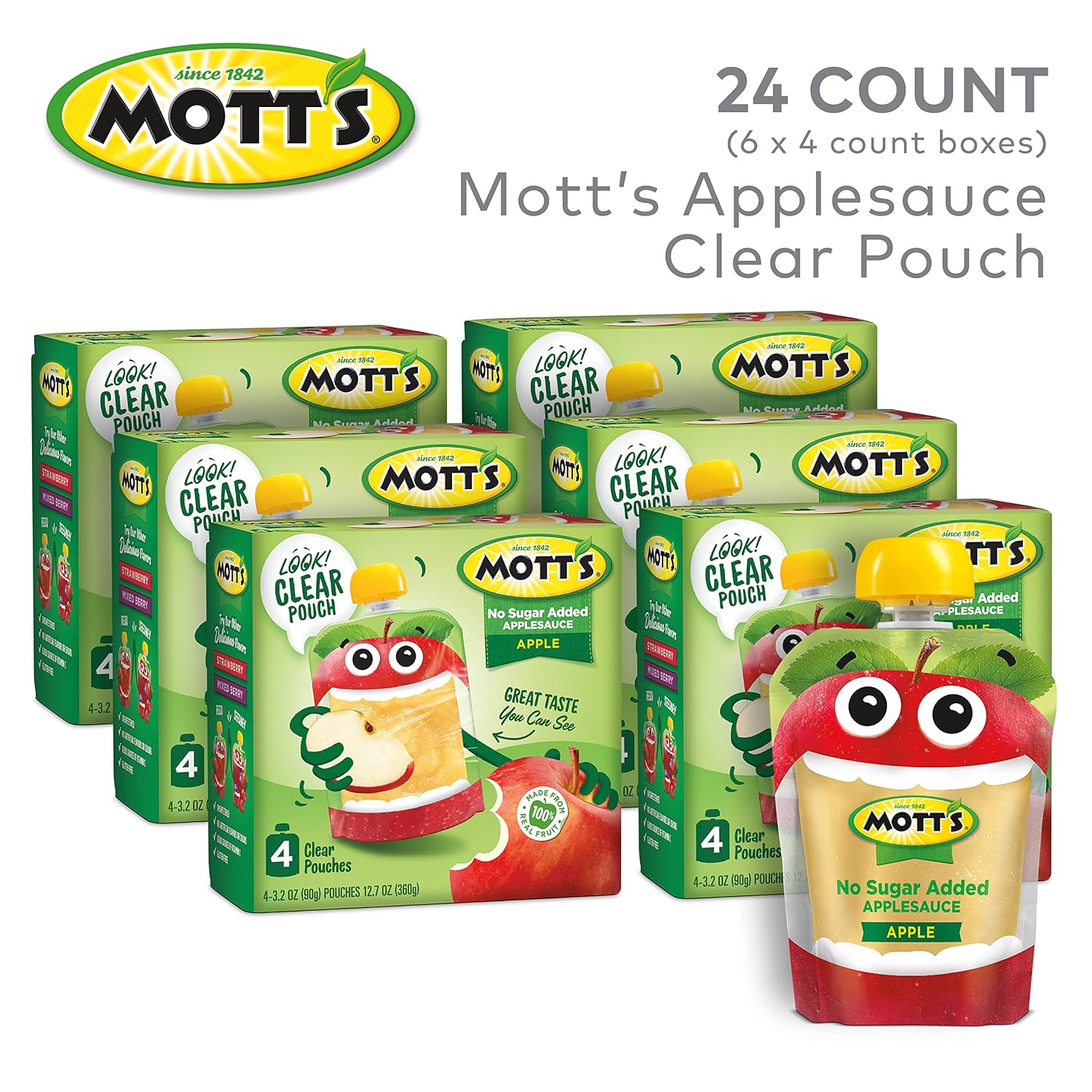 Mott's No Sugar Added Strawberry Applesauce, 3.2 Oz Clear Pouches, 48 Count (4 Packs Of 12), Good Source Of Vitamin C, No Artificial Flavors