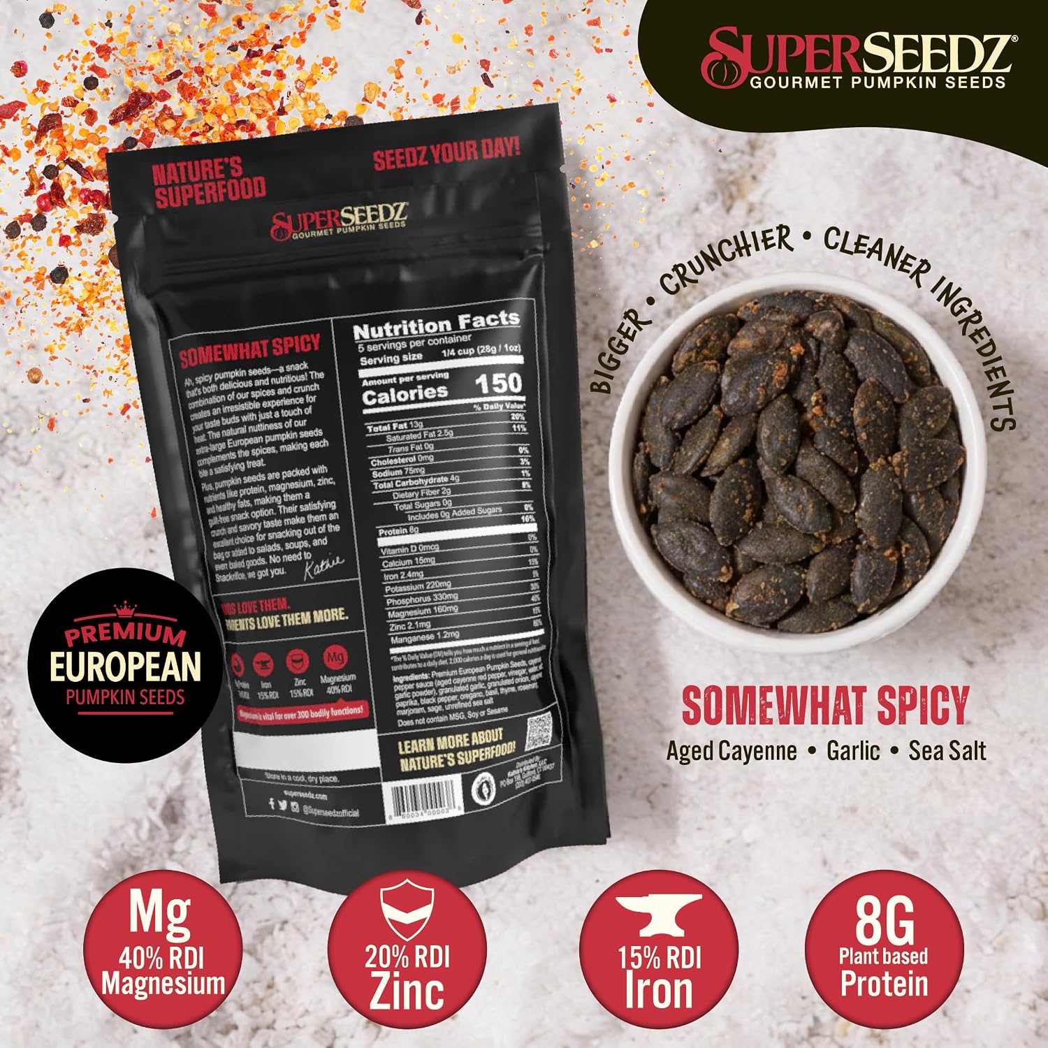 SuperSeedz Dry Roasted Pumpkin Seeds with Sea Salt w/8g Protein (5oz Bag) | Nn-GMO, Gluten-Free, Keto Snacks – Nut-Free & School Friendly Organic Pumpkin Seeds – Large European No Shell Pepitas