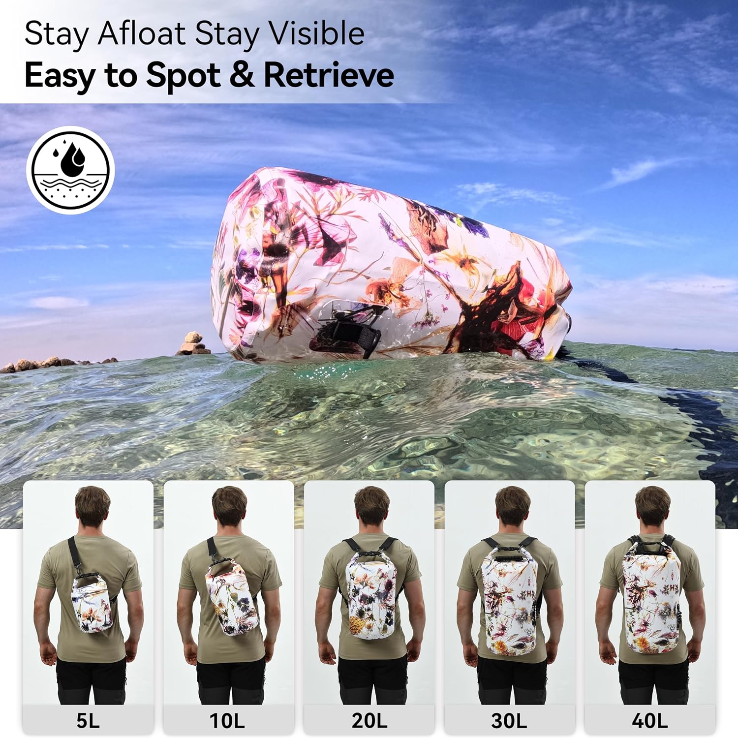 MARCHWAY Floating Waterproof Dry Bag Backpack 5L/10L/20L/30L/40L, Roll Top Sack Keeps Gear Dry for Kayaking, Rafting, Boating, Swimming, Camping, Hiking, Beach, Fishing