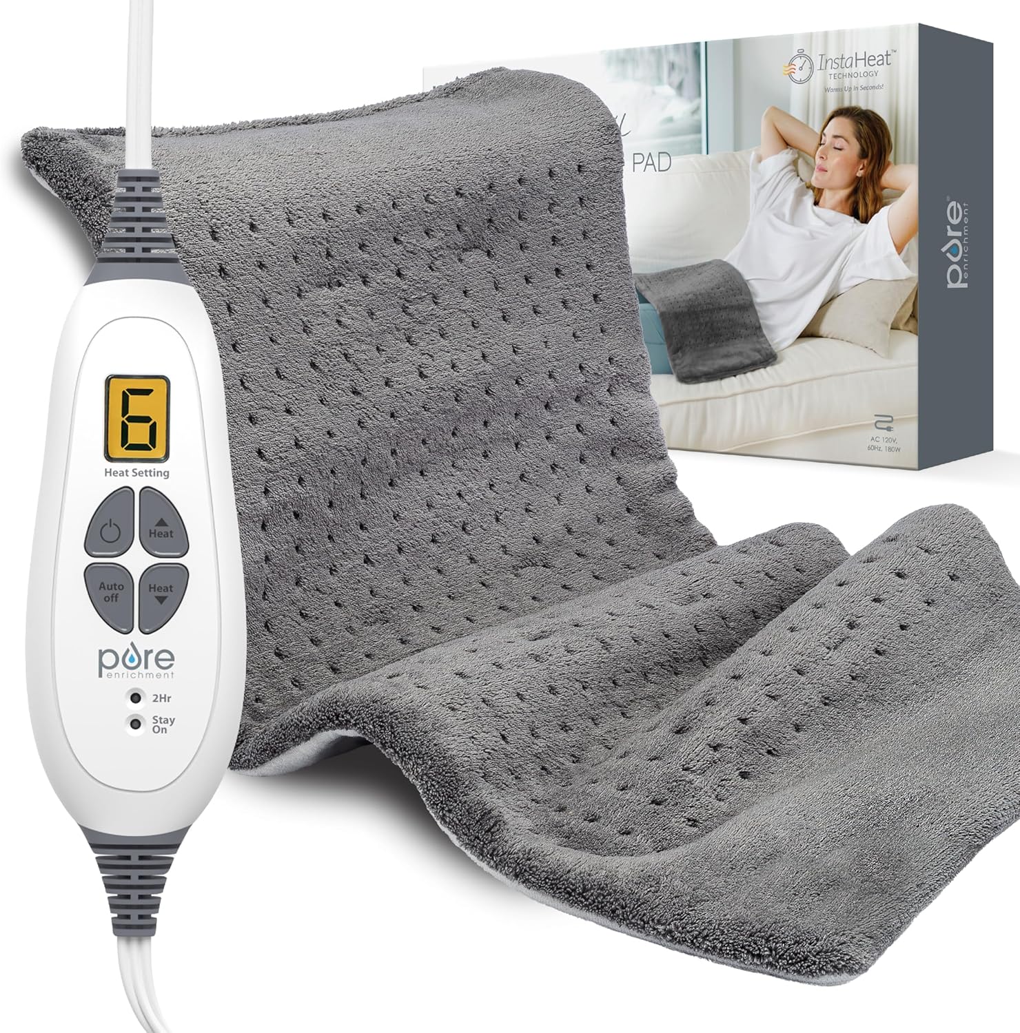 Pure Enrichment® PureRelief® XL Heating Pad - 12" x 24" Electric Heating Pad for Back Pain & Cramps, 6 Heat Settings, Soft Machine Wash Fabric, Auto-Off & Moist Heat (Charcoal Gray)
