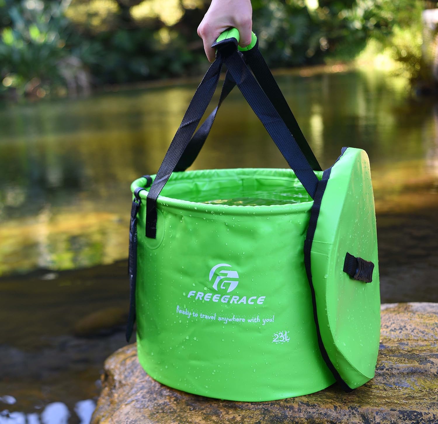 Freegrace Collapsible Bucket with Mesh Tool Pocket - 10L, 16L & 23L Portable Folding Water Container - Heavy Duty 500D Tarpaulin, BPA-Free Wash Basin for Camping, Fishing, RV, and Car Washing
