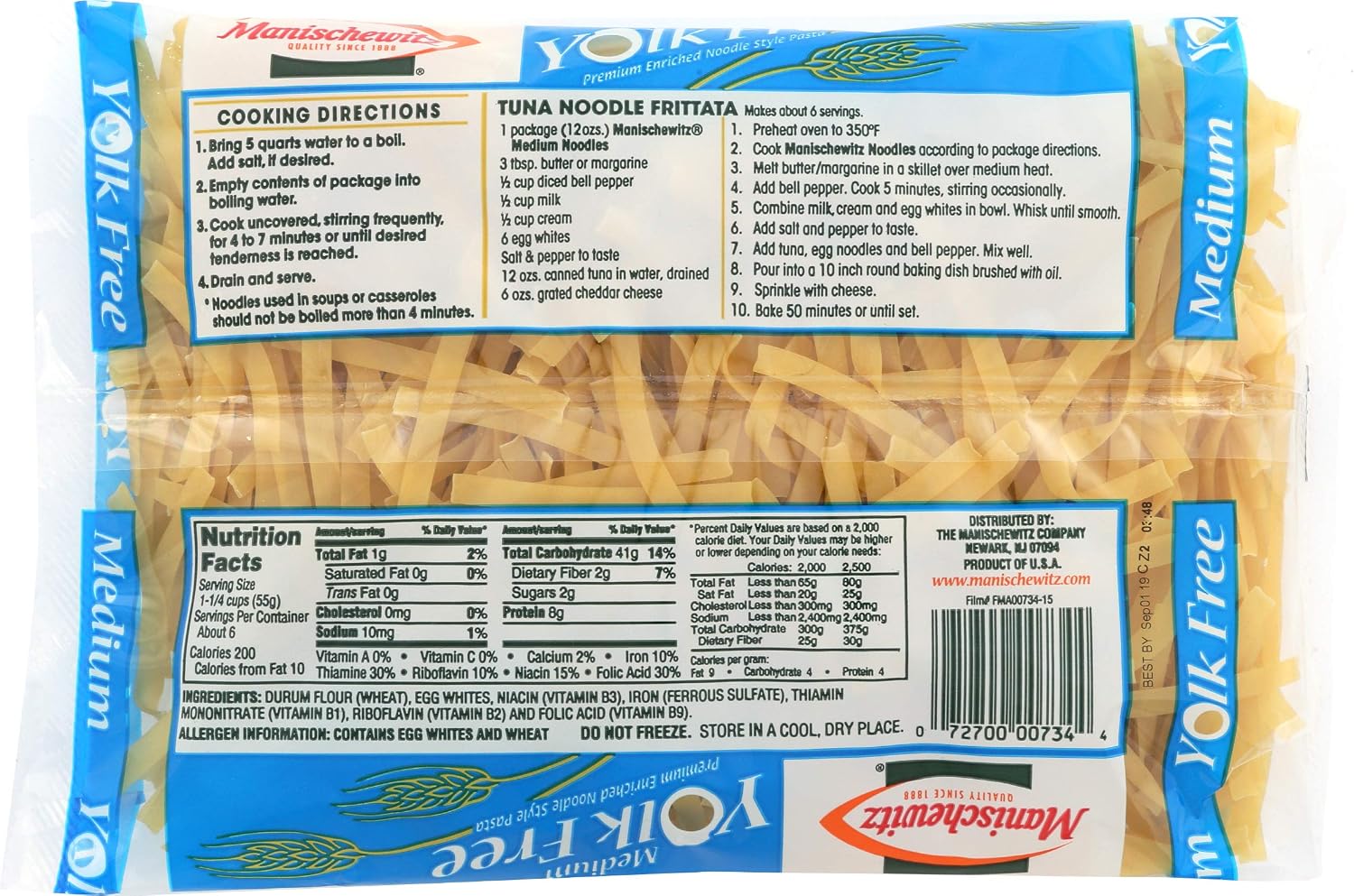 Manischewitz Premium Enriched Medium Yolk Free Noodle Pasta 12oz (3 Pack) Cholesterol Free, 8gr Protein Per Serving, Low Fat, Low Sodium,