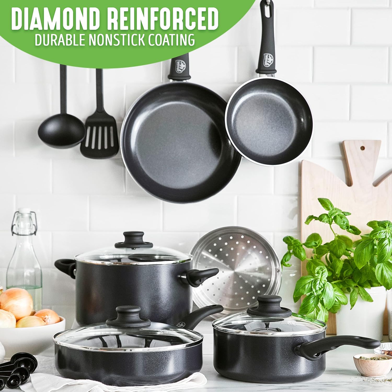 GreenLife Soft Grip Healthy Ceramic Nonstick, 15 Piece Cookware Pots and Pans Set, Induction, PFAS-Free, Dishwasher Safe, Turquoise