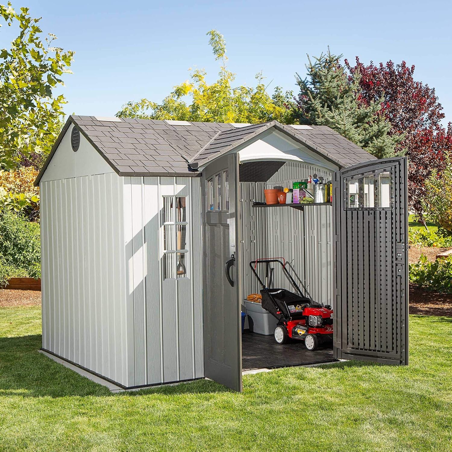 Lifetime 10×8 Ft. Outdoor Storage Shed, Dual‑Wall HDPE with Steel‑Reinforced Structure, Side‑Entry Doors with Windows, Skylight, Screened Vents