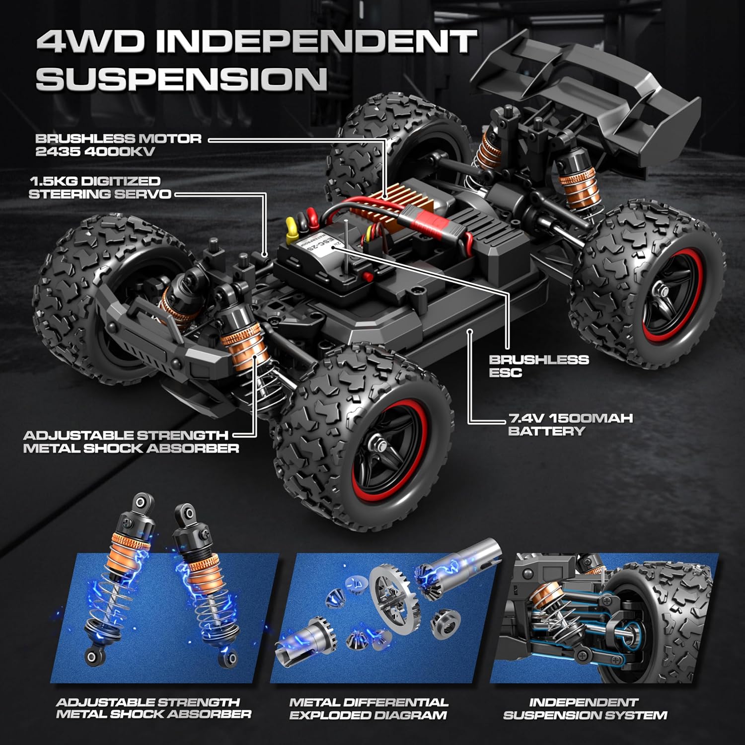 1:14 Scale All Terrain RC Cars for Adults & Boys (HS14323), Max Fast 40+ KPH, 4WD Off-Road RC Truck for Snow & Sand & Mud, 4X4 Waterproof Remote Control Car with 2 Rechargeable Batteries