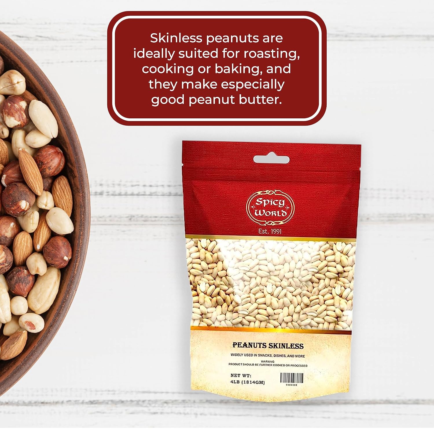 Spicy World Skinless Peanuts, Blanched Raw Peanuts (Uncooked, Unsalted) 4 Pound (64oz) ~ All Natural USA Grown