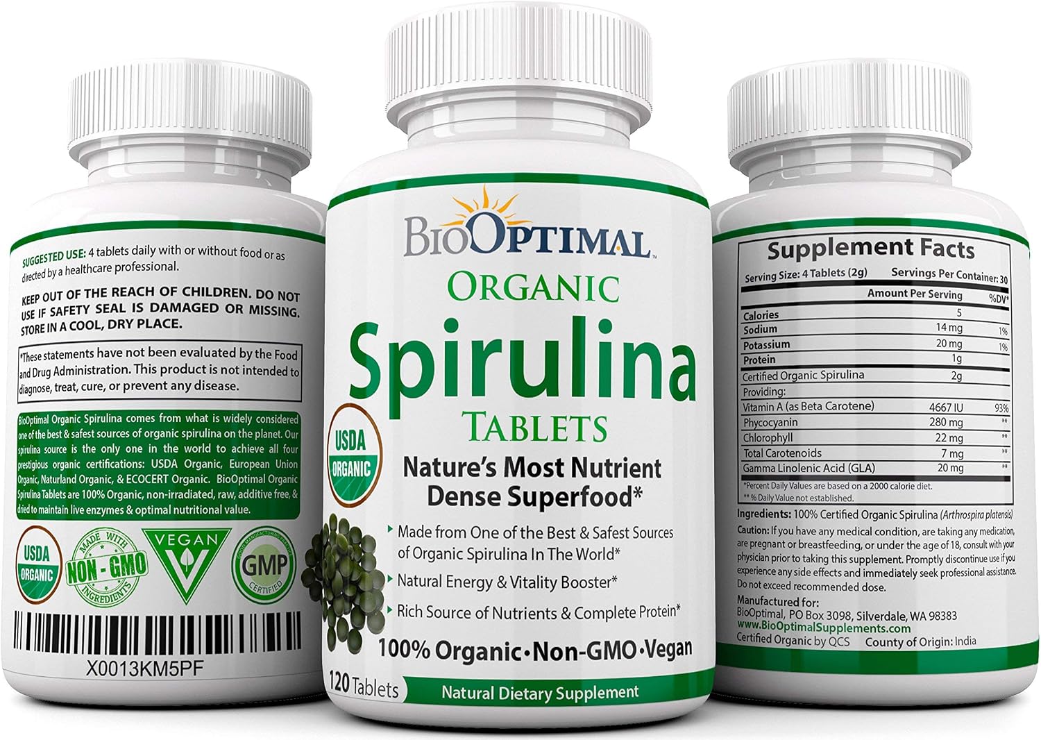 BioOptimal Chlorella Spirulina - Bundle - Organic Chorella Tablets & Organic Spirulina Tablets, 120 Count Each