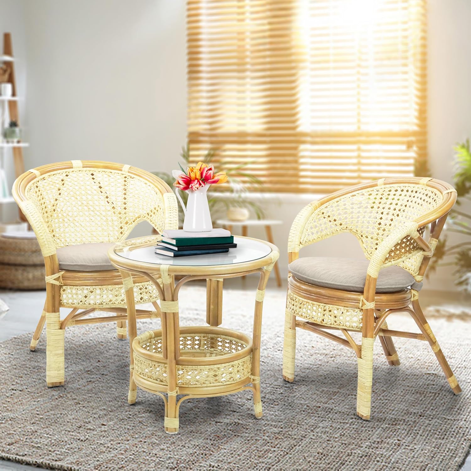 Pelangi Handmade Rattan Dining Wicker Chair Colonial Color w/Cream Cushion