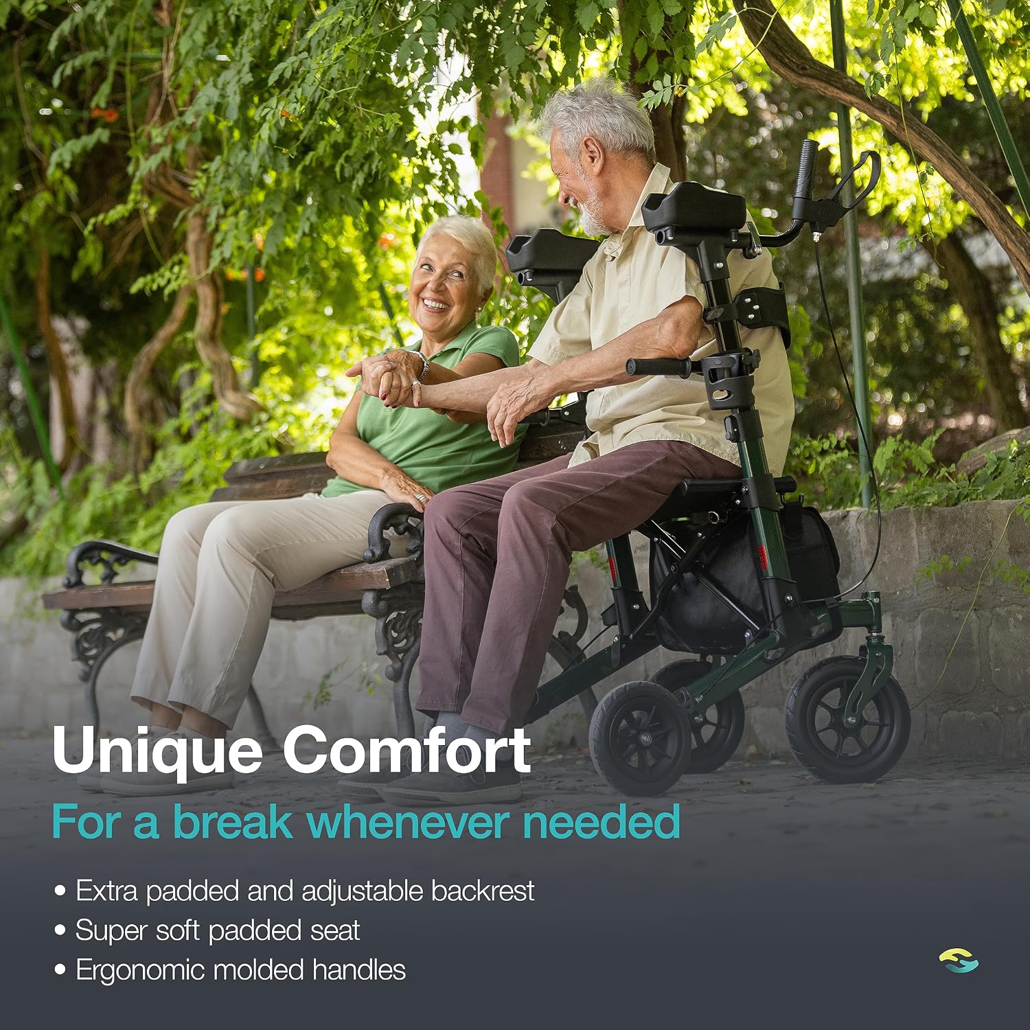 Helavo Upright Walker with Seat, Foldable Stand Up Walker with Rubber Tires | All Terrain Tall Standing Rollator, Padded Armrests, Height Adjustable