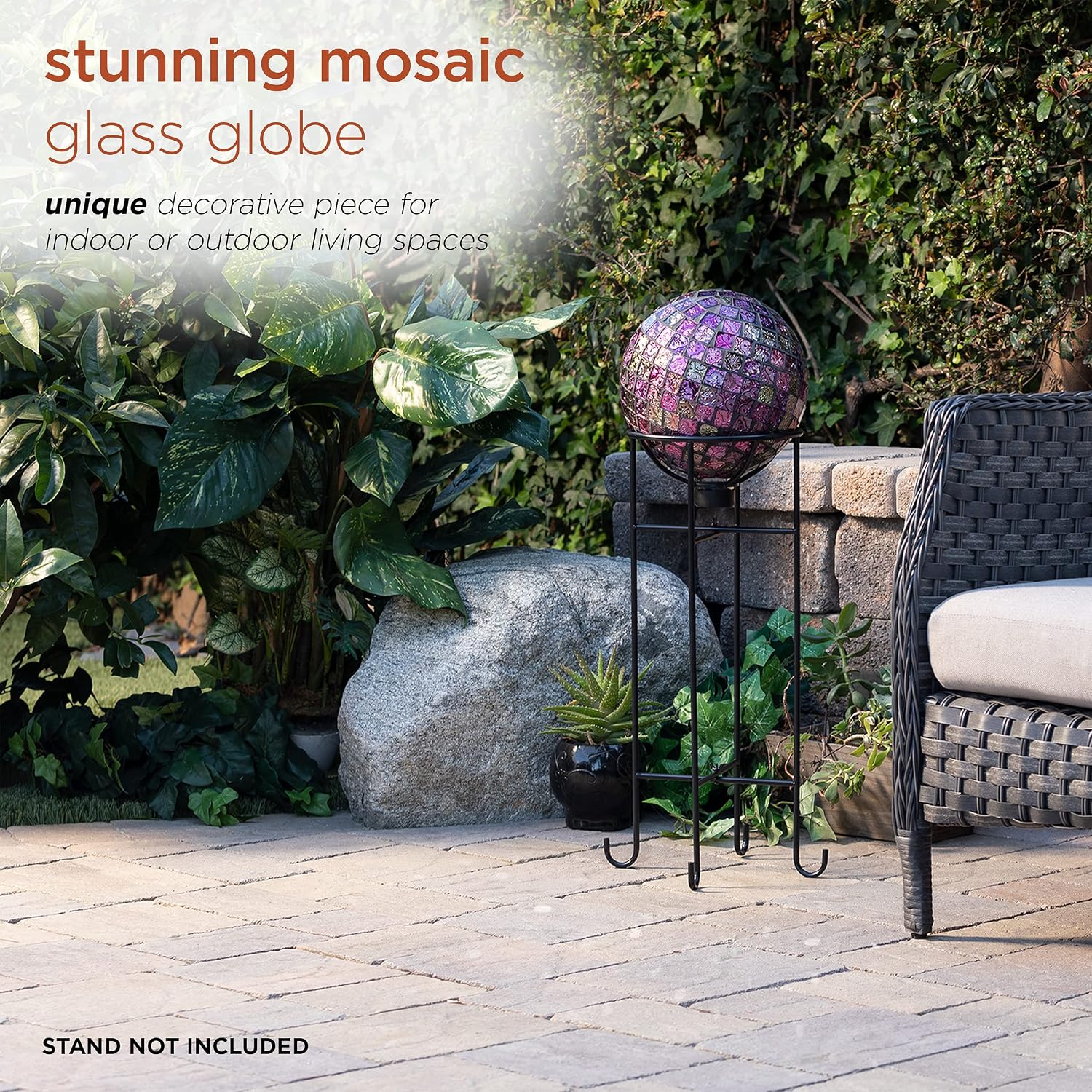 Alpine Corporation 10" Diameter Indoor/Outdoor Glass Mosaic Gazing Globe Yard Decoration, Purple Pearlized Petals Design