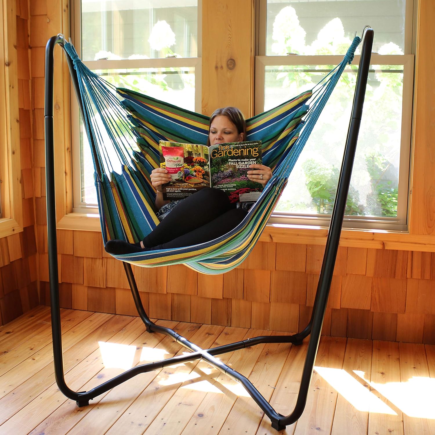 Sunnydaze Hanging Hammock Chair with Stand, Sunset | Space-Saving, Indoor or Outdoor Use, 330-Pound Capacity, Powder-Coated Steel Construction