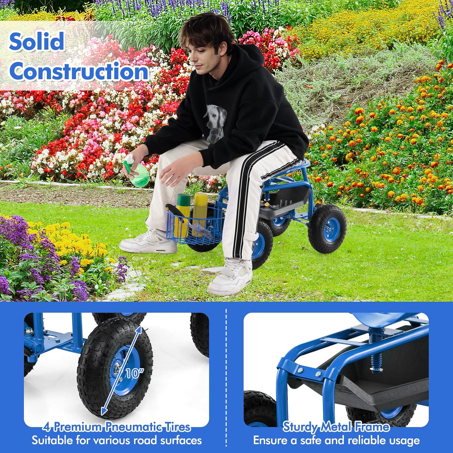 Goplus Rolling Garden Cart with Seat, Outdoor Garden Stool with Wheels, Tool Tray & Basket, Adjustable Steering Handle