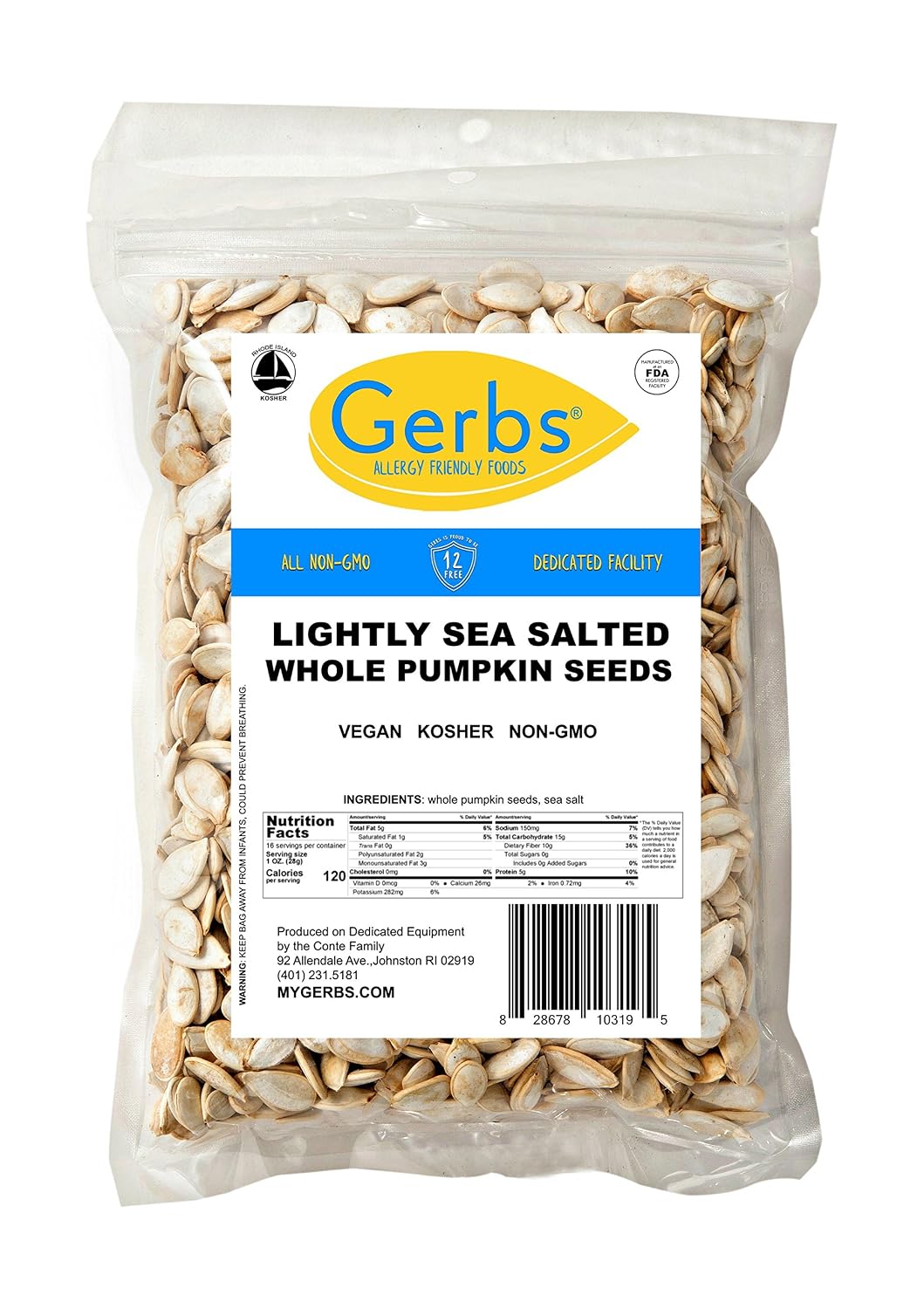 Gerbs Raw Whole Pumpkin Seeds 2 lbs. | In-Shell, 10.5 mm Size, Resealable Bag | Mildly Nutty & Crunchy | Top 14 Allergen-Free