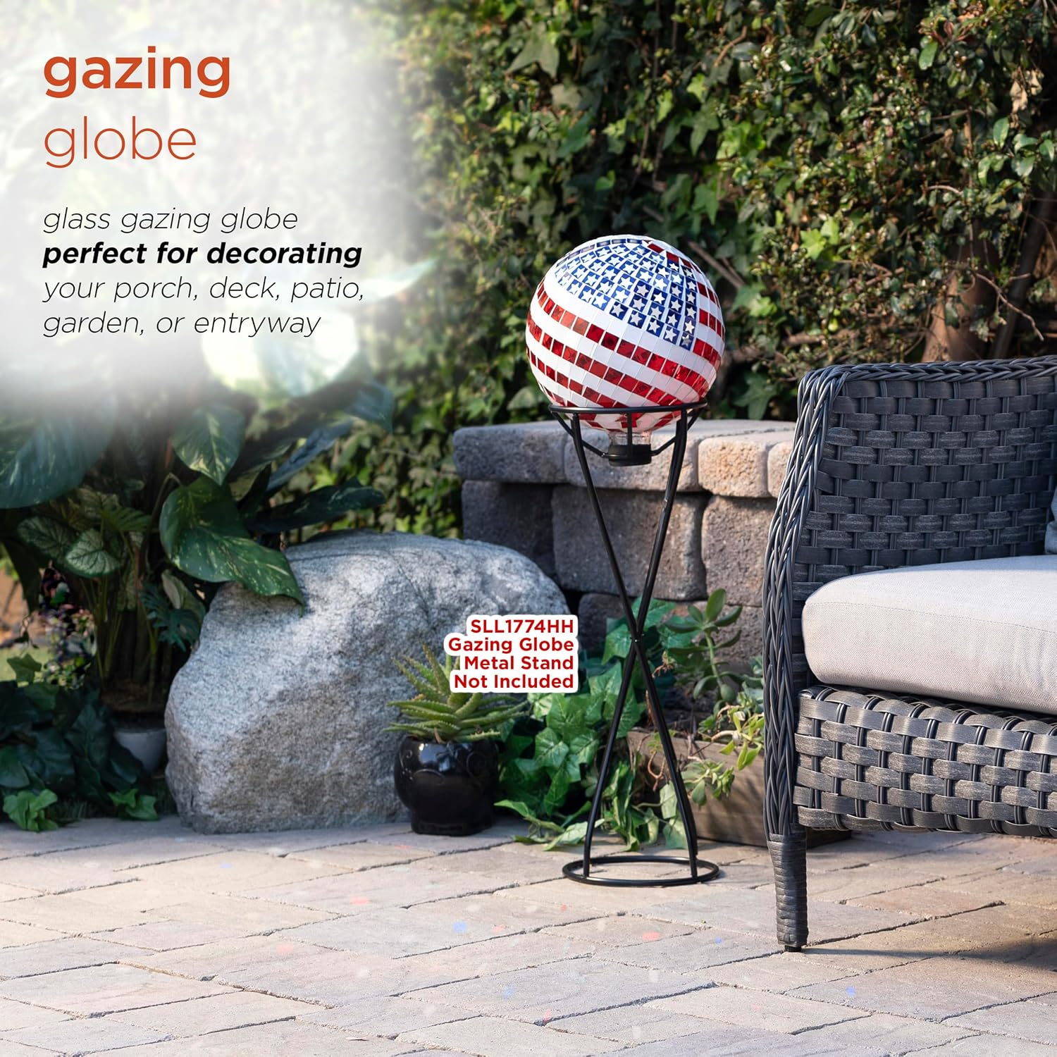 Alpine Corporation 10" Diameter Indoor/Outdoor Glass Mosaic Gazing Globe Yard Decoration, Patriotic Design