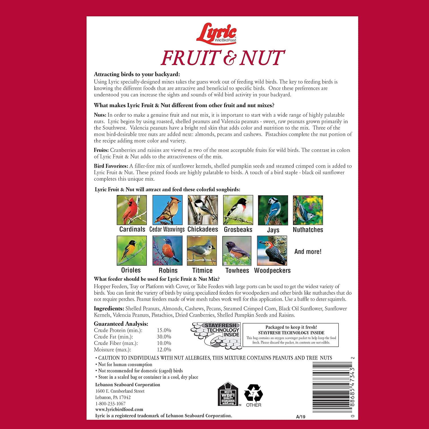 Lyric Fruit and Nut Wild Bird Seed - High Energy Wild Bird Food Mix - Attracts Woodpeckers, Chickadees & Other Songbirds -5 lb. Bag | Attracts Woodpeckers, Chickadees and other songbirds