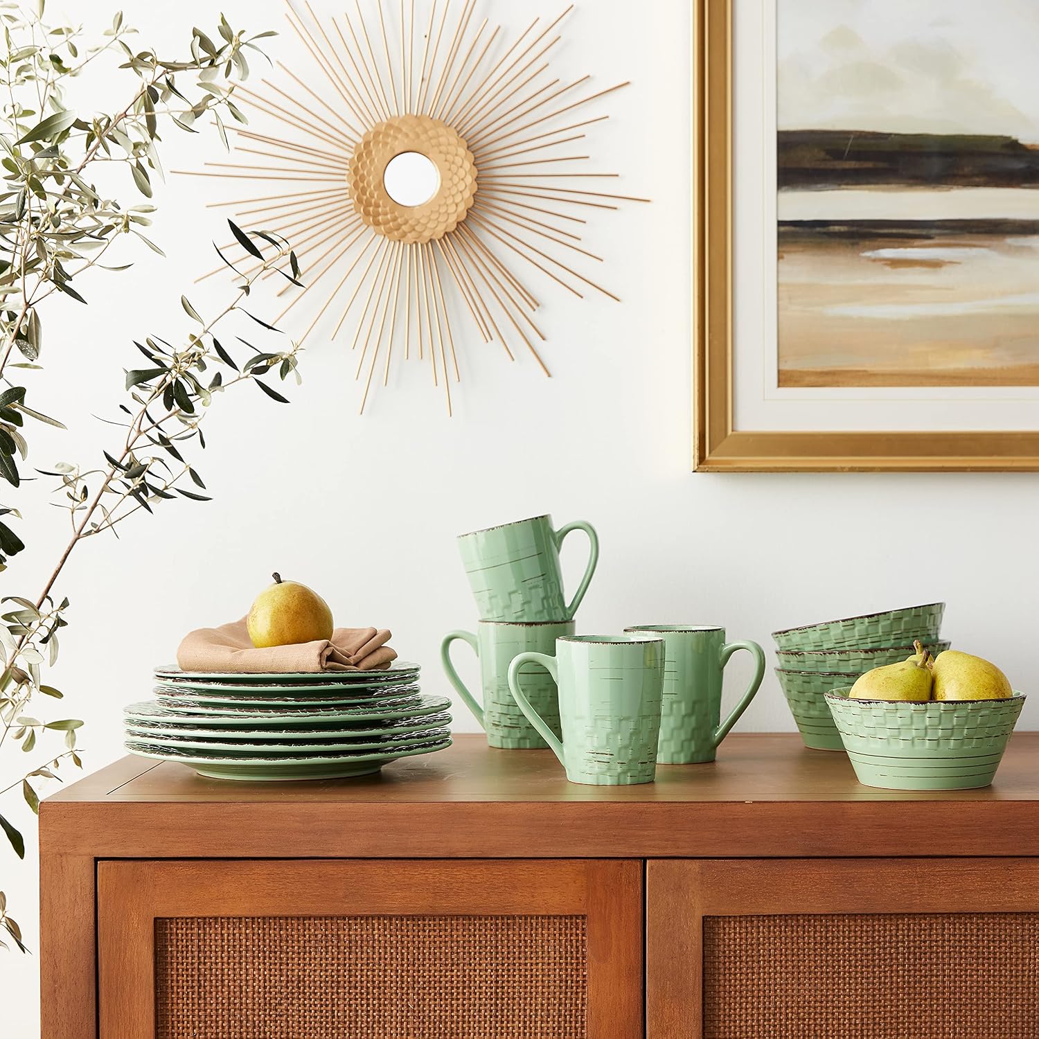Lorren Home Trends Distressed Weave Dinnerware Set, Buttercup, 16 Piece | Service for 4