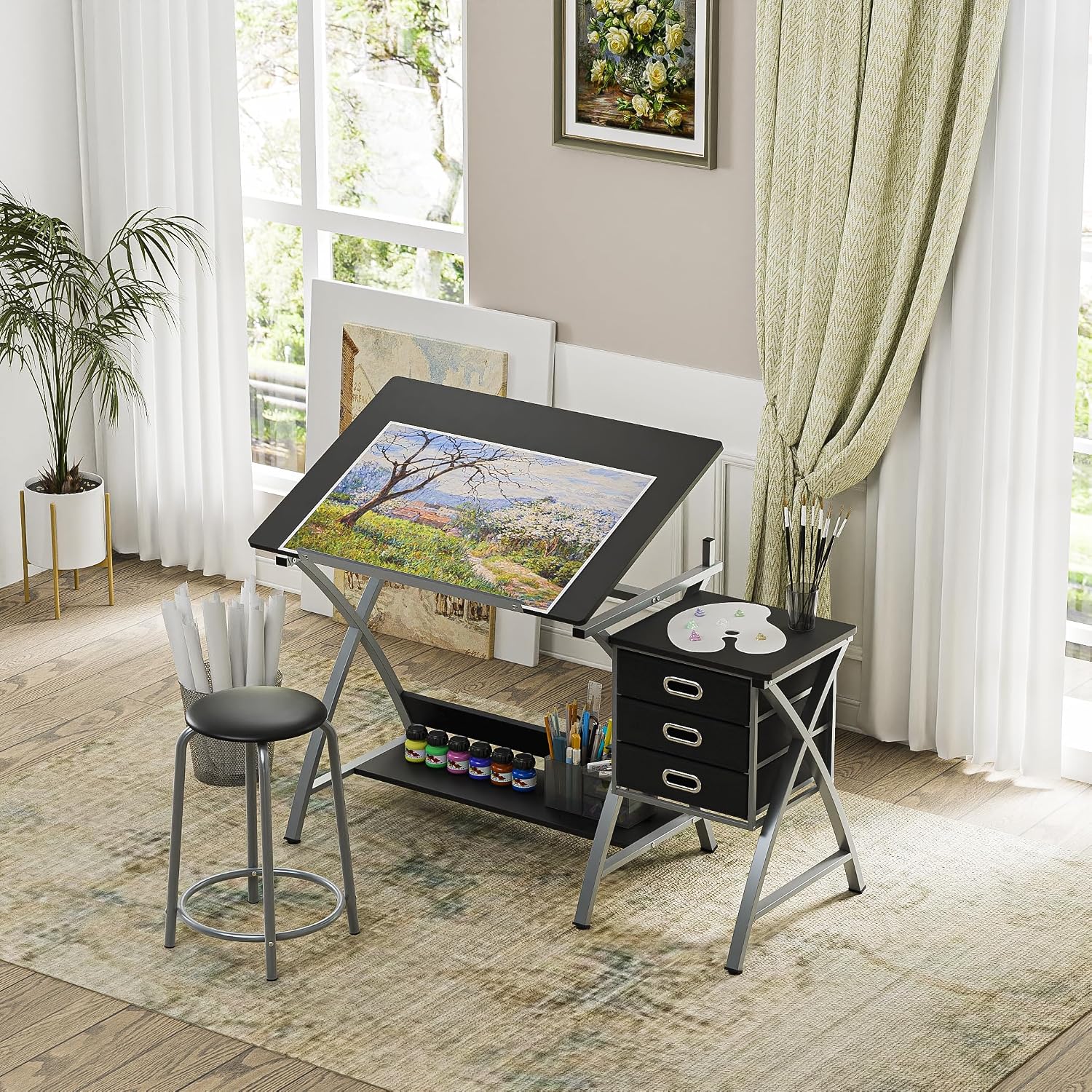 ZENY Drafting Table and Stool, Tilted Draft Table Desk w/Drawers, Artist Drawing Desk Craft Table for Drafting, Painting, Reading, Writing