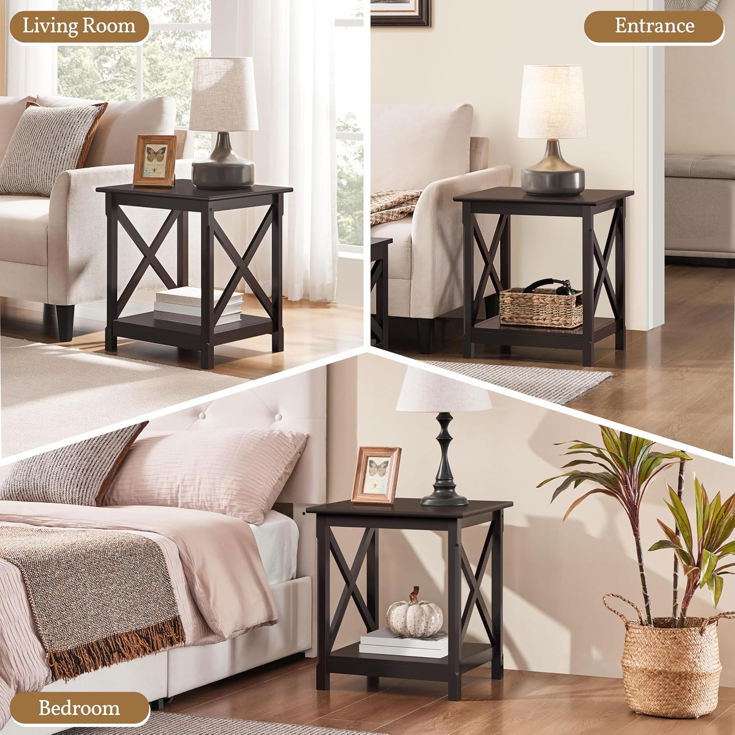 Yaheetech X-Side Frame End Table with 2-Tier Storage Shelf, Espresso