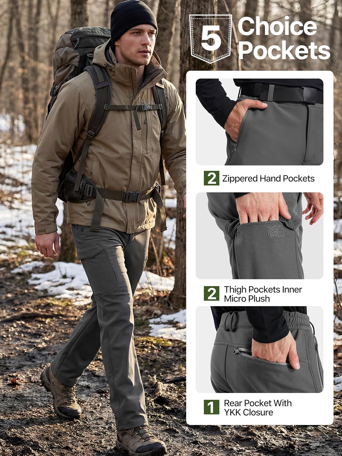 FREE SOLDIER Men's Outdoor Softshell Fleece Lined Cargo Pants | Snow Ski Hiking Pants with Belt, Waterproof Winter Pants, Insulated Work Pants, Breathable Windproof Insulated Pants