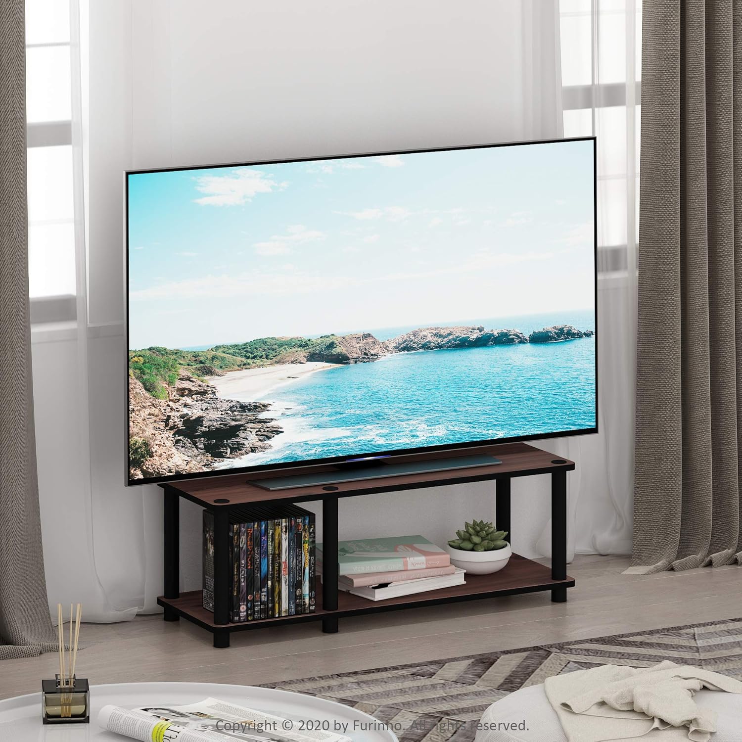 Furinno Turn-N-Tube TV Riser Stand, 2-Tier Small Elevated No Tools TV Stand, TV Console for TV up to 32 inch, 15.8 x 23.8 x 11, for Living Room, Bedroom, French Oak/Black