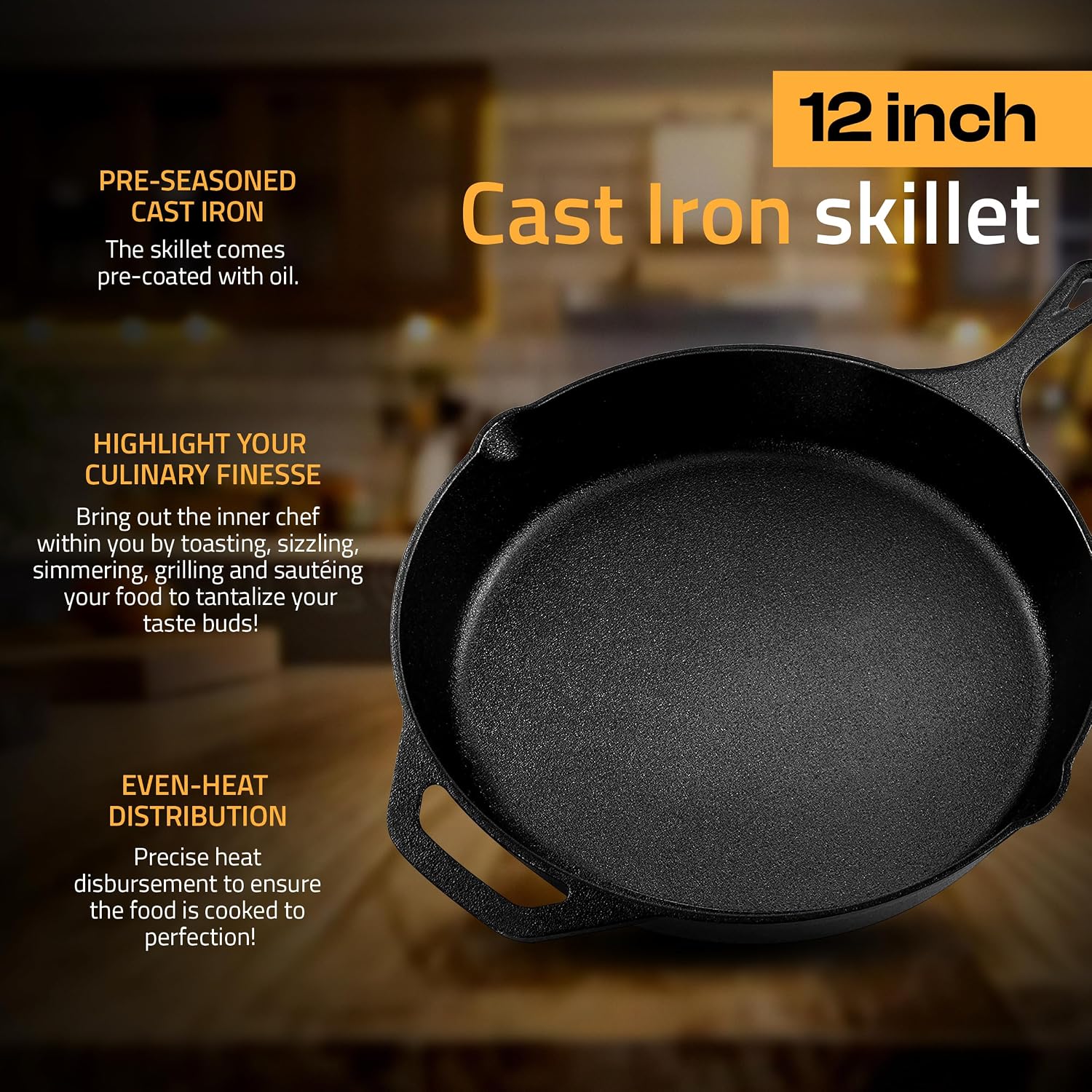 Utopia Kitchen Cast Iron Skillet 12 Inch Pre-Seasoned PFAS-Free Black | Chef Pan, Even Heat Distribution, Stovetop, Oven, Campfire and Grill Safe, Large Skillet, Indoor Outdoor Use