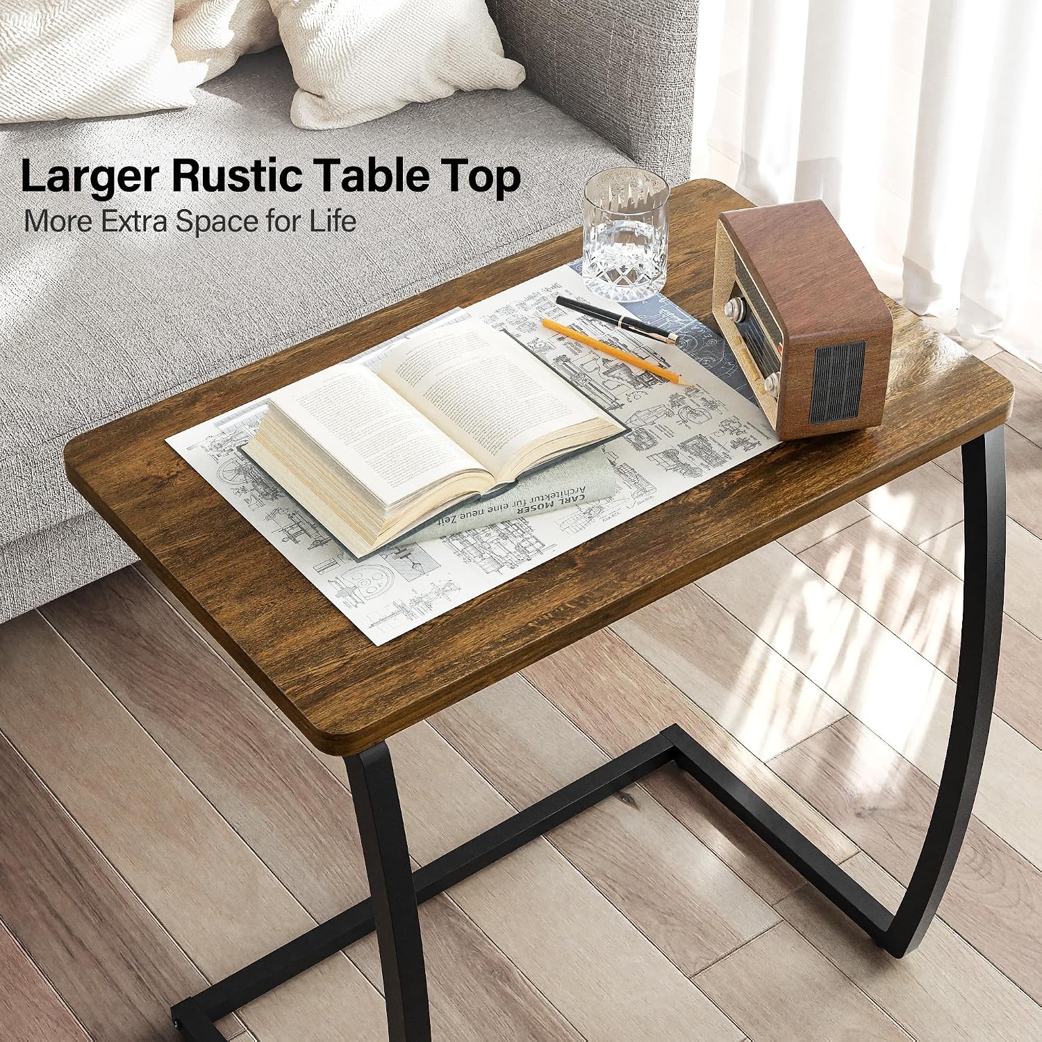 SRIWATANA Walnut C Shaped Side Table, Vintage End Table for Sofa Couch Bed