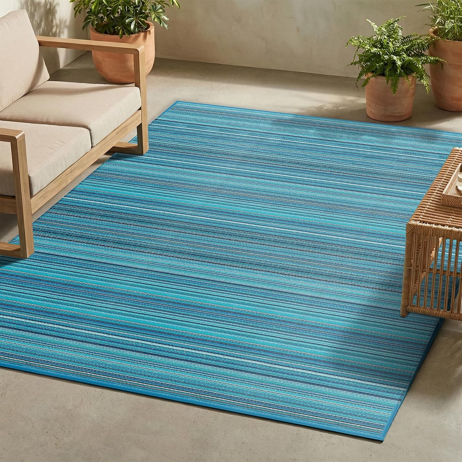 FH Home Outdoor Camping Rug - Waterproof, Fade Resistant, Reversible - Premium Recycled Plastic - Striped - Large Patio, Deck, Sunroom
