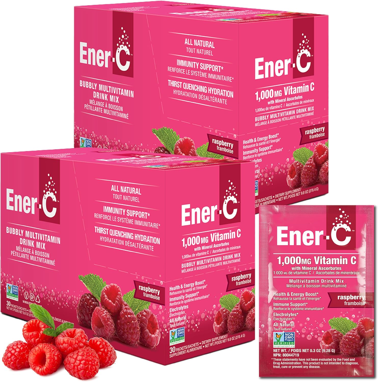 Ener-C Multivitamin Drink Mix, Electrolytes Powder - Raspberry, 30 Count | Vitamin Packets for Water, Vitamin Drink Mix, Hydration Liquid Mix, Immune Booster for Adults, Healthy Energy