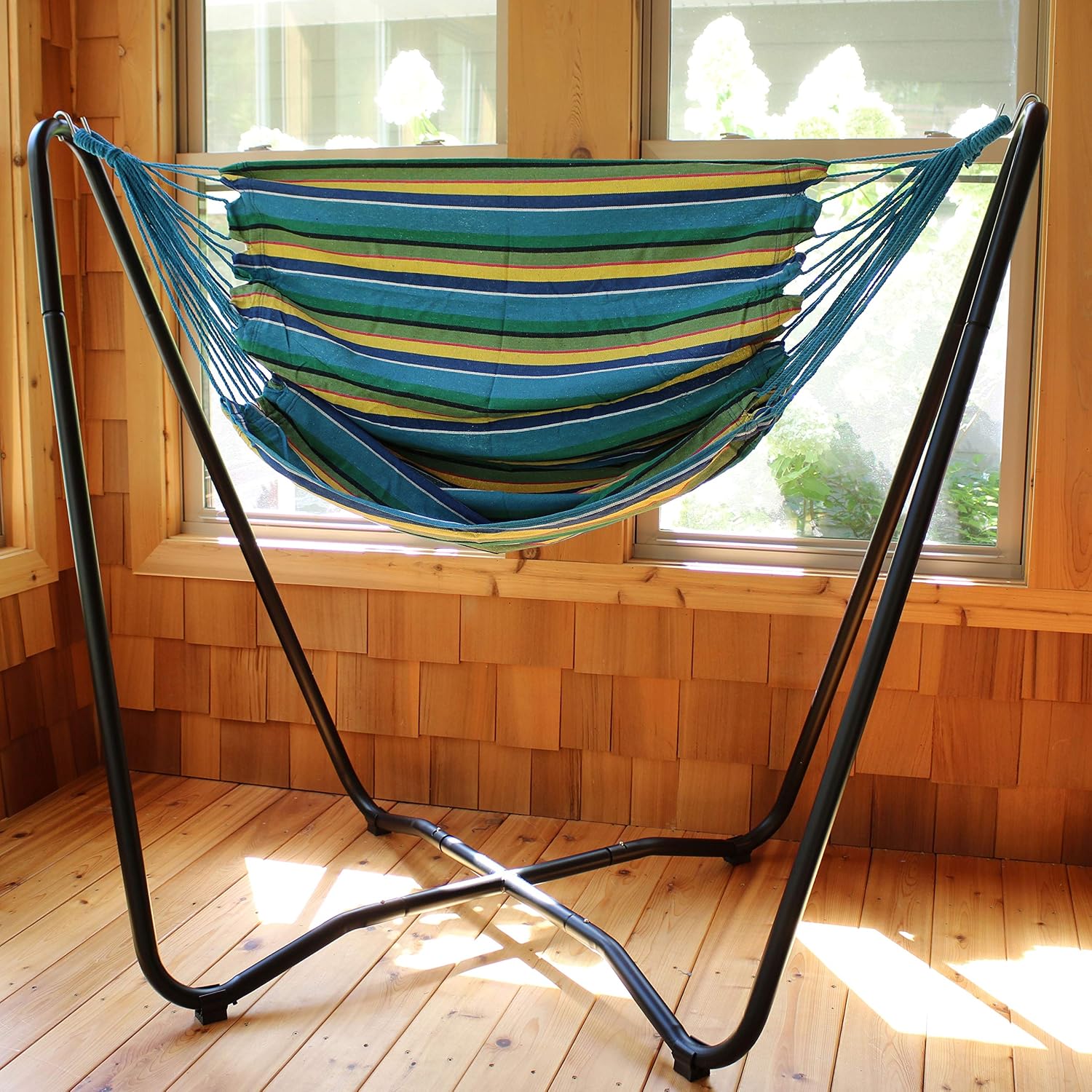 Sunnydaze Hanging Hammock Chair with Stand, Sunset | Space-Saving, Indoor or Outdoor Use, 330-Pound Capacity, Powder-Coated Steel Construction