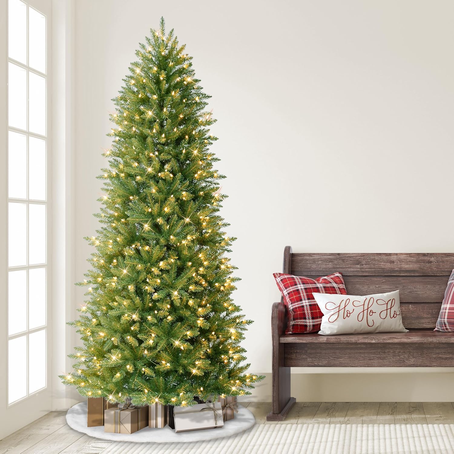Puleo International 7.5ft Pre-Lit Slim Fraser Christmas Tree with 500 Warm White LED Lights, 1453 Realistic Dense Branch Tips, Easy Setup Artificial Trees with Sturdy Metal Stand
