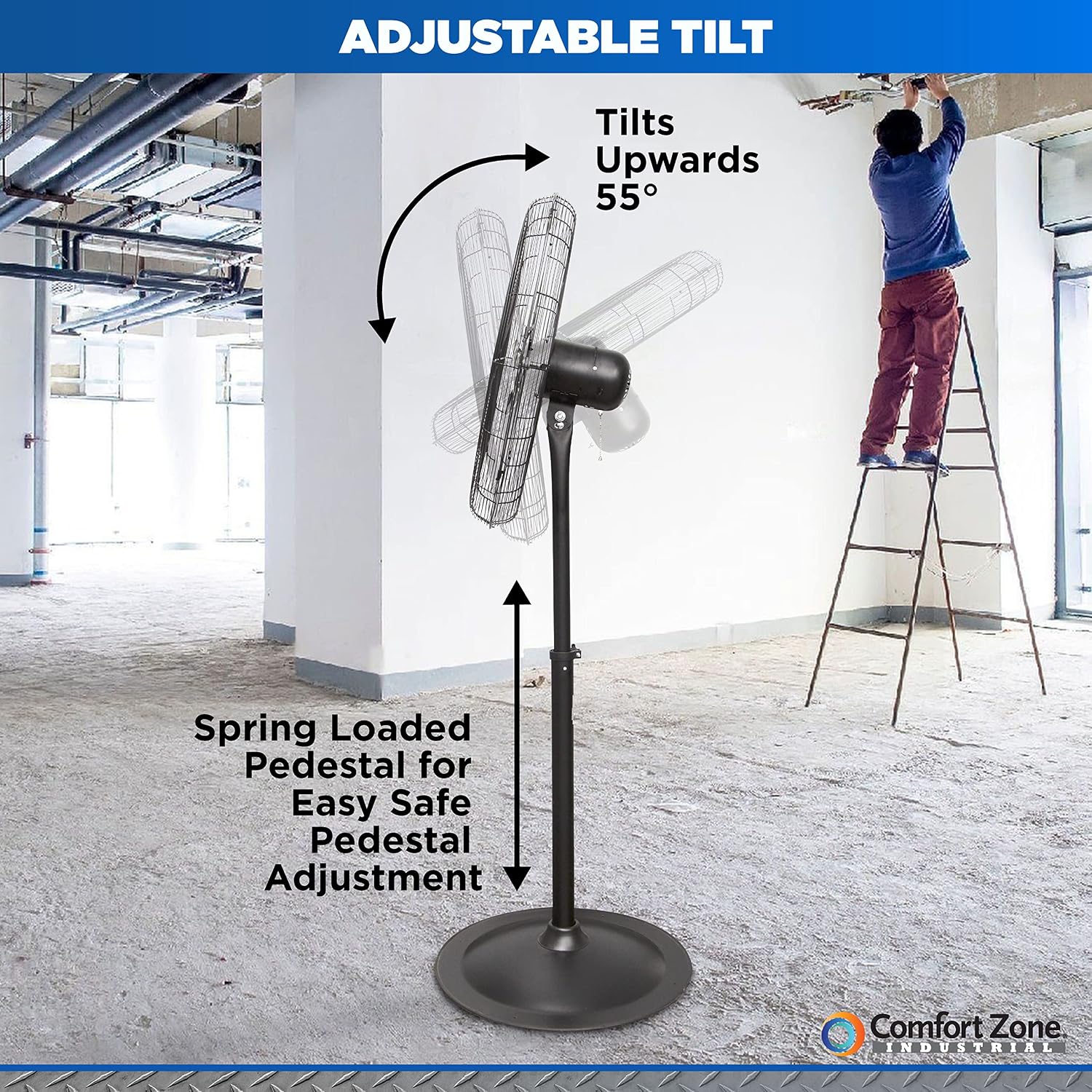 Comfort Zone Industrial Pedestal Fan, 30 inch, 3 Speed, High Velocity, Adjustable Height 56” to 76”, Metal, Meets OSHA Standards