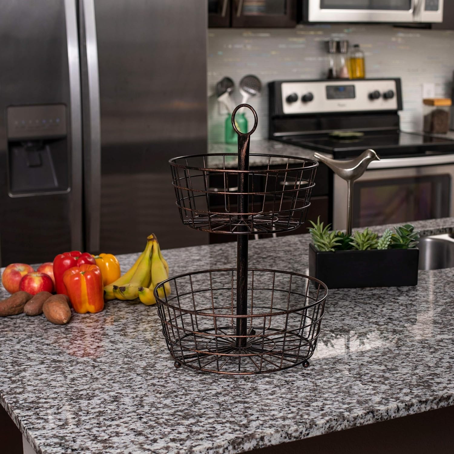BIRDROCK HOME 3 Tier Wire Fruit Basket | Round Metal Standing Baskets | Fruit Vegetable Garlic Caddy | Freestanding Rustic Decorative Basket