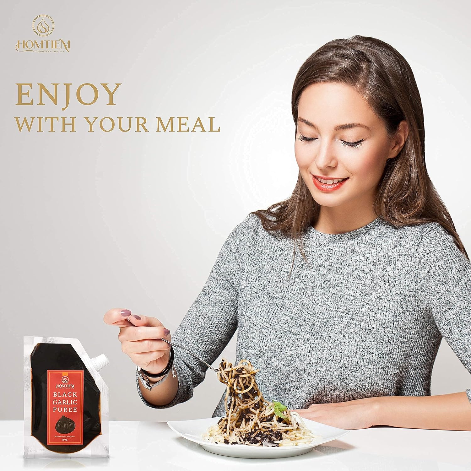 Homtiem Black Garlic Puree 150g. (Made from Solo Black Garlic 100%), Whole Black Garlic Fermented for 90 Days, Non-GMOs, High in Antioxidants