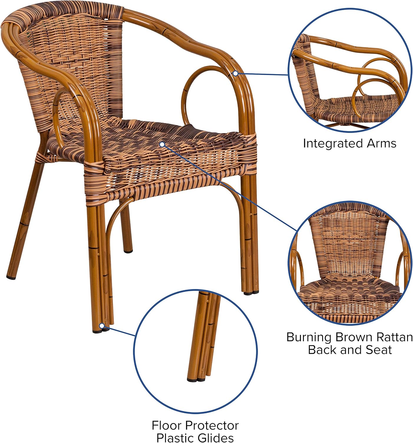 EMMA + OLIVER Brown Rattan Patio Chair with Dark Red Bamboo | Durable Construction, Commercial Use