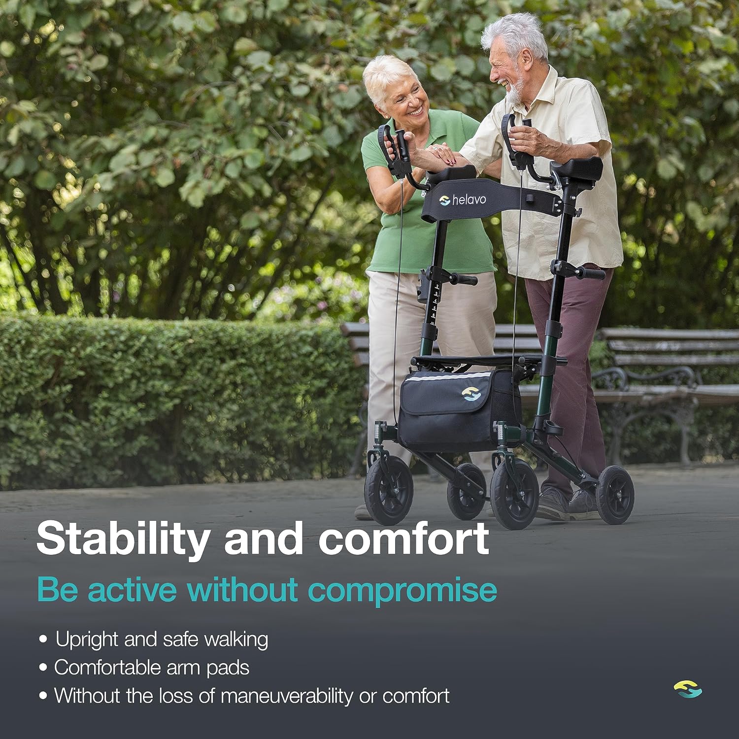 Helavo Upright Walker with Seat, Foldable Stand Up Walker with Rubber Tires | All Terrain Tall Standing Rollator, Padded Armrests, Height Adjustable