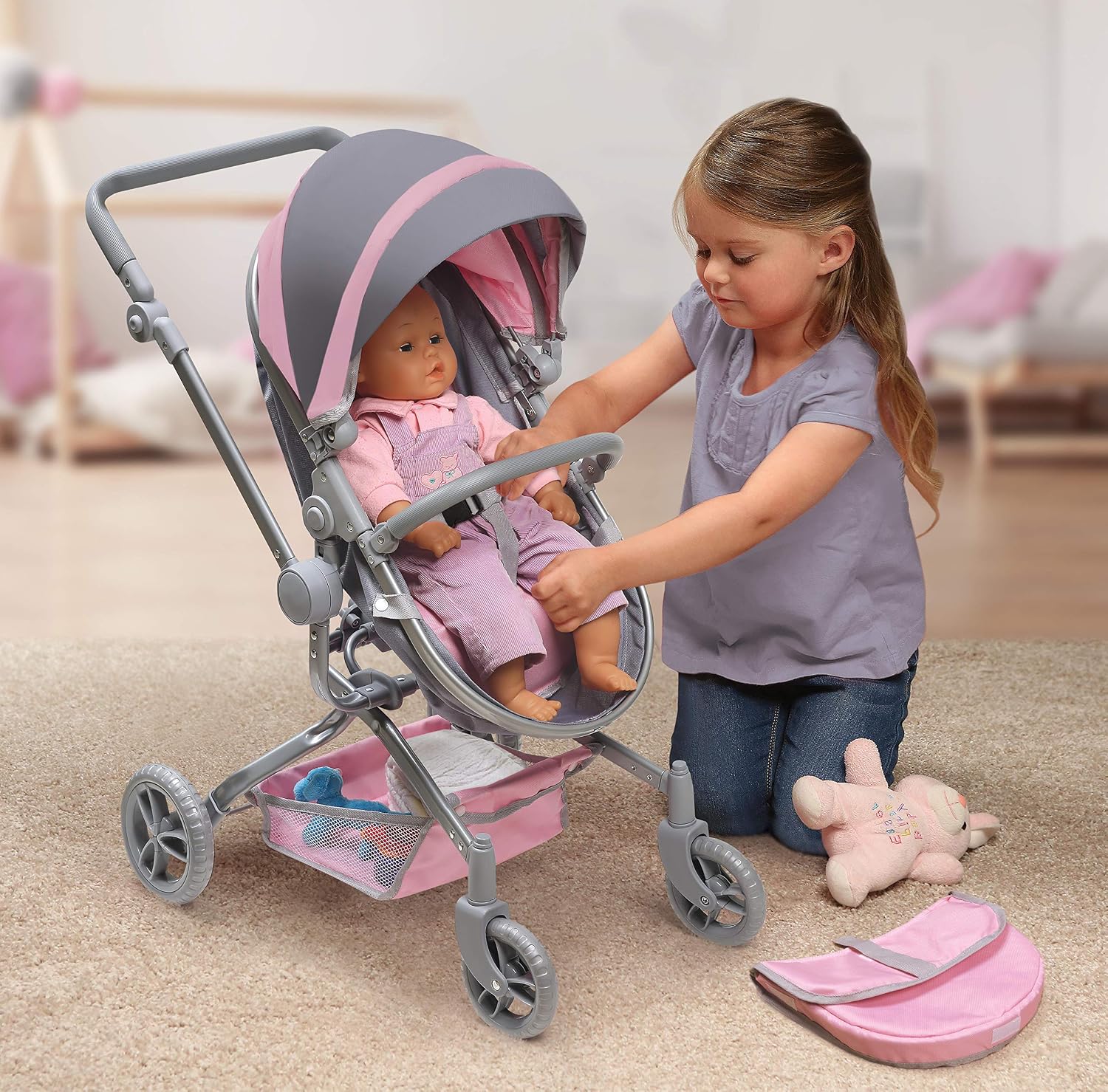 Badger Basket Foldable Doll Stroller & Pram with Canopy - Gray/Pink