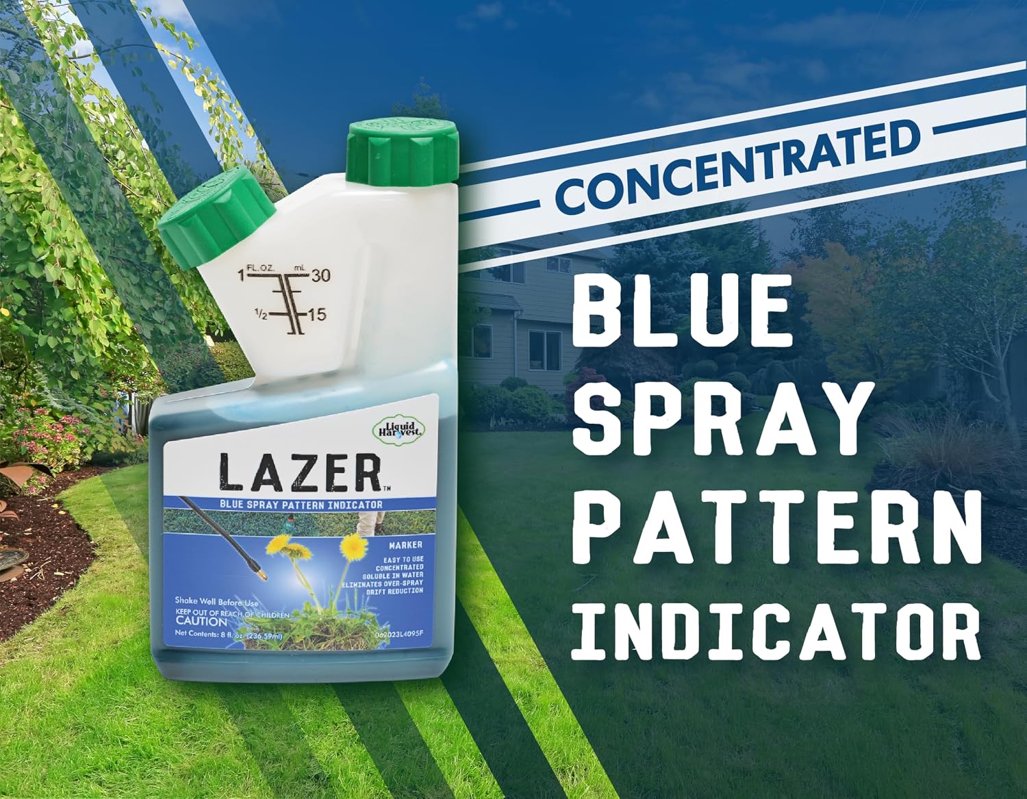 Liquid Harvest Lazer Blue Concentrated Spray Pattern Indicator 8 Ounces Perfect Weed Dye, Herbicide Fertilizer Marking Turf Mark and Marker
