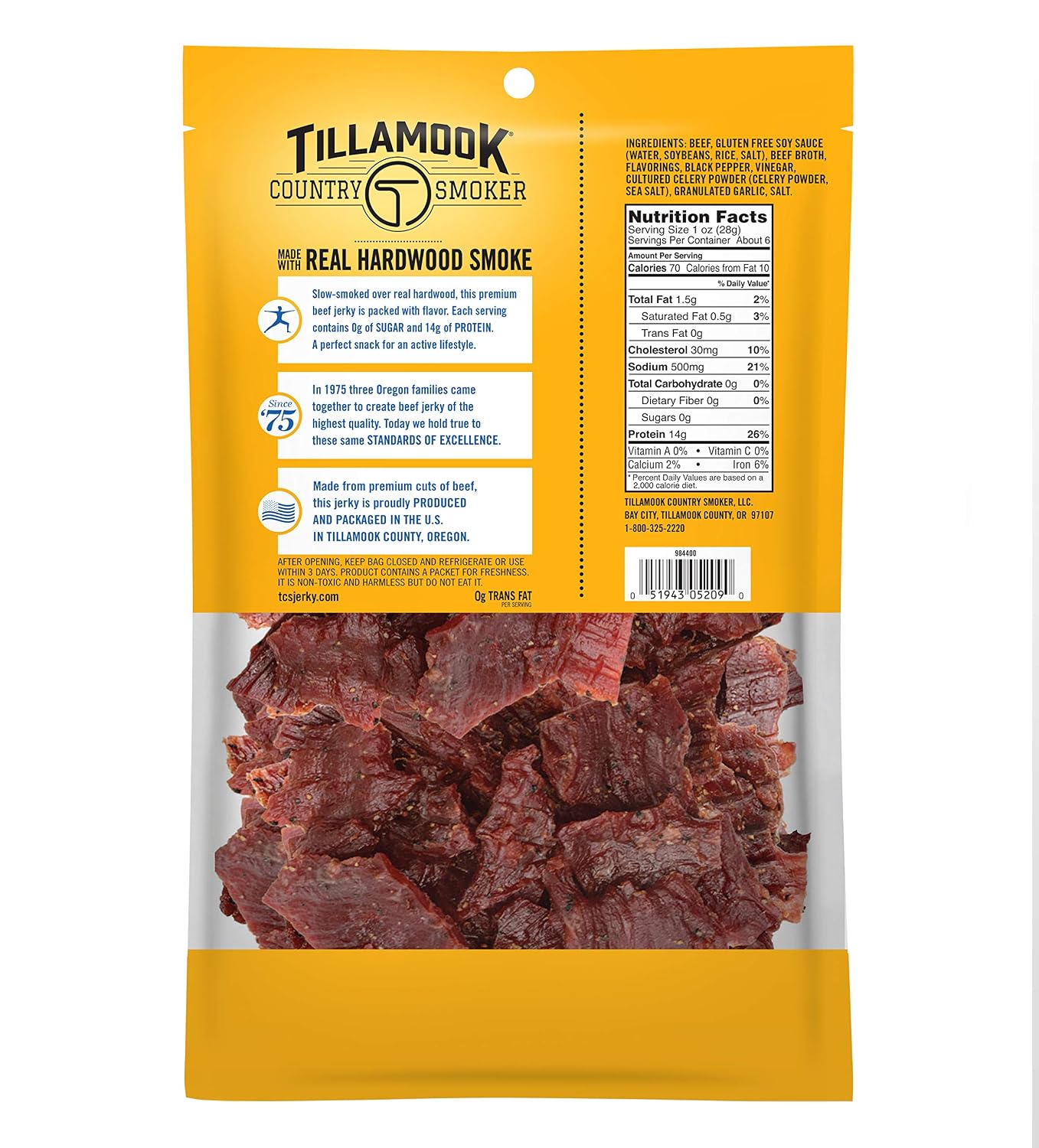 Tillamook Country Smoker Zero Sugar Original Beef Jerky Sticks, 6.5 Oz, 14g Protein, Real Hardwood Slow-Smoked, High Protein, Low Carb Meat Snacks, Keto-Friendly, 0g Sugar & Total Carbs