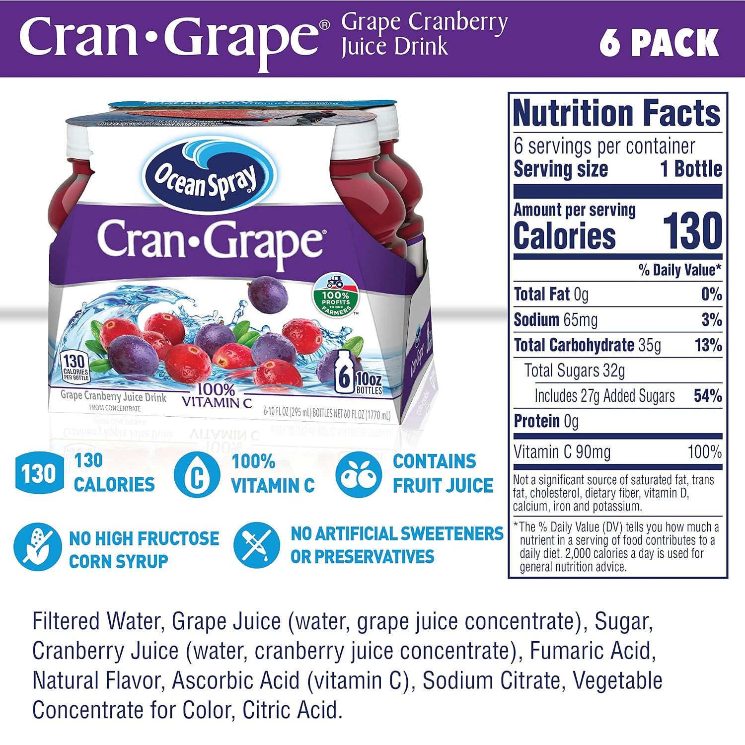 Ocean Spray® Cran-Grape® Juice Drinks, 10 Ounce Bottles, 6 Count | Ocean Spray® Cran-Grape® Juice Drinks, Made with Real Fruit Juice, 10 Fluid Ounce Bottles, 6 Count