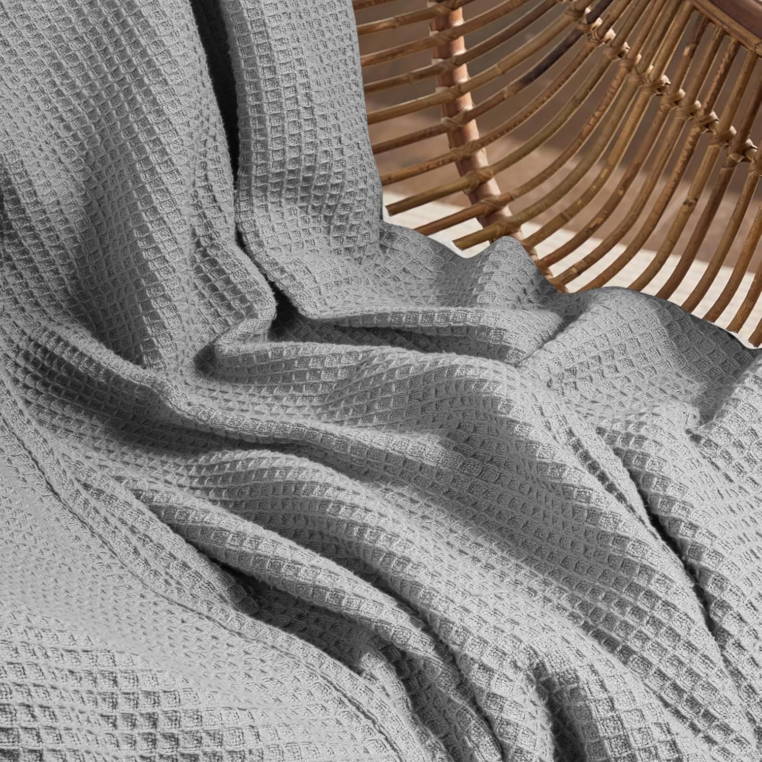 Tex Trend 100% Cotton Waffle Weave Blanket Queen Size - Soft, Breathable Cooling Blanket for Bed, Lightweight Cozy Summer & Spring Bedding, Grey, 90x90