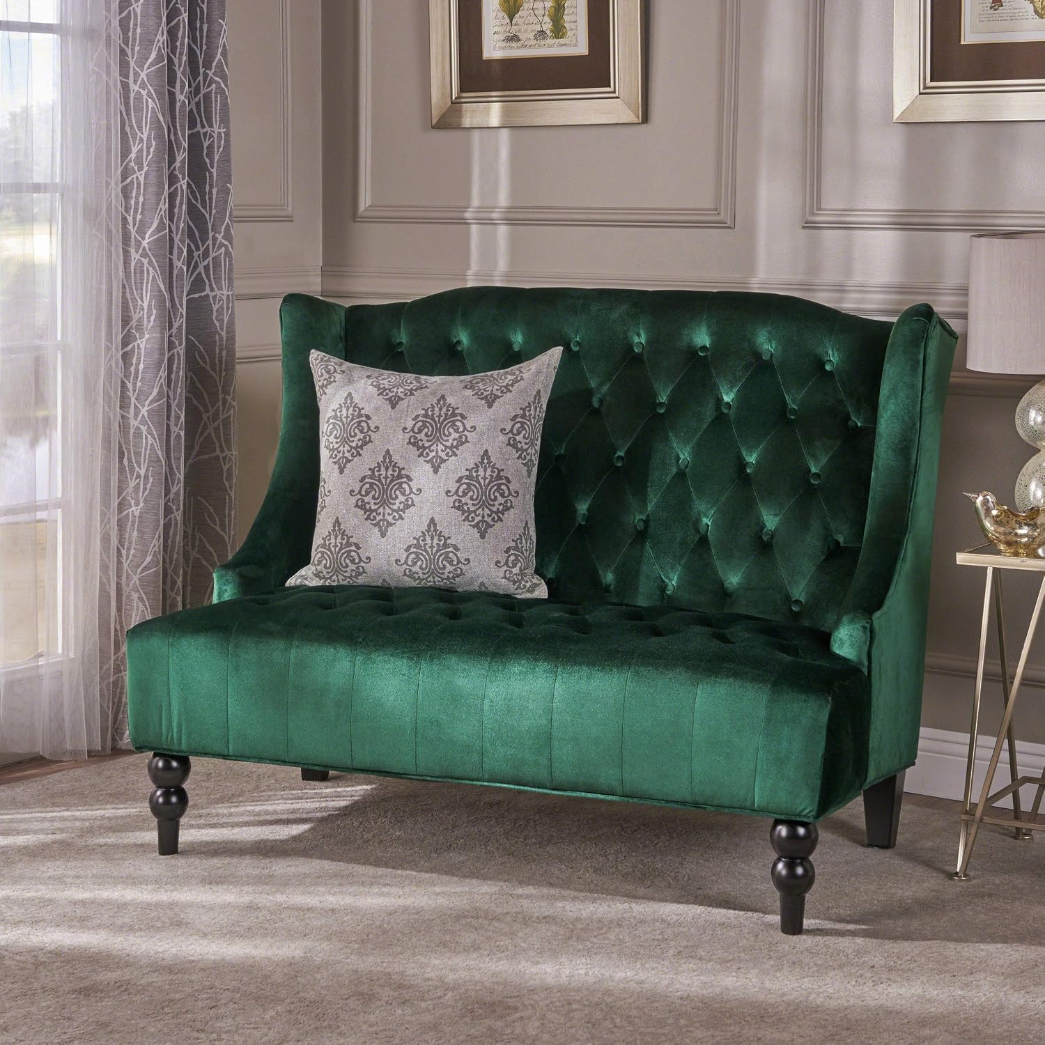 Christopher Knight Home Leora Modern Glam Tufted Velvet Wingback Loveseat, Emerald / Dark Brown