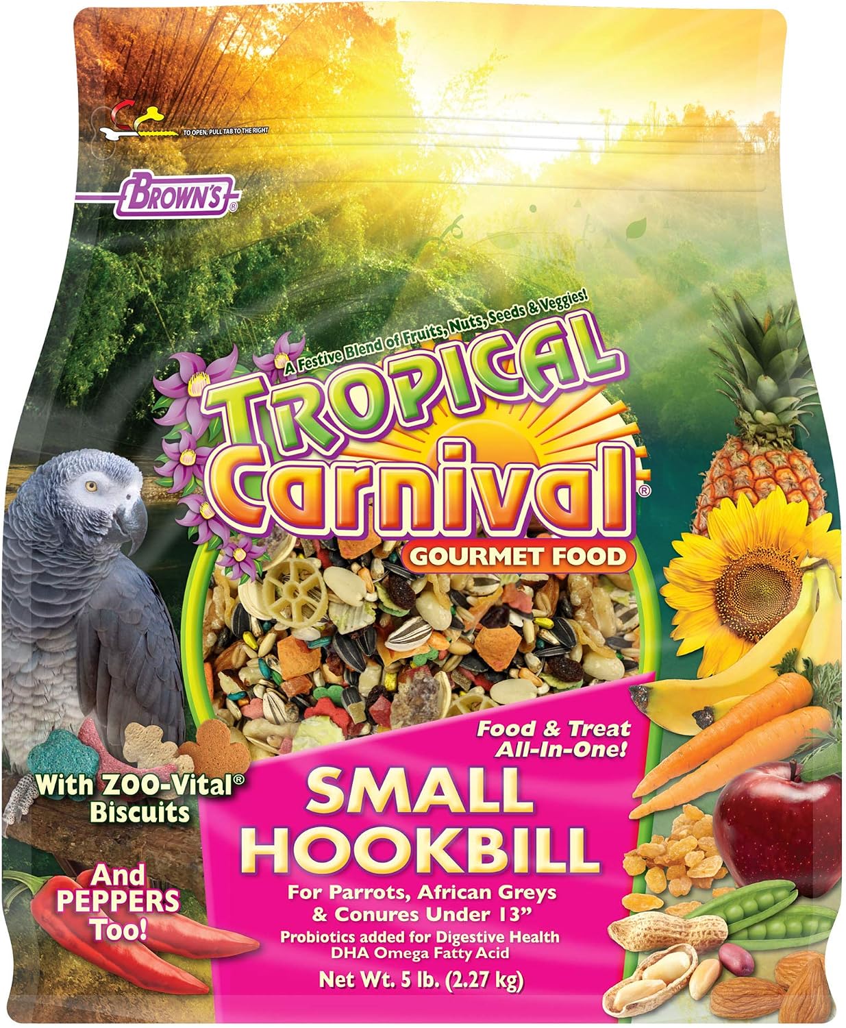 F.M. Brown's Tropical Carnival Gourmet Bird Food for Parrots, African Greys, and Conures Under 13", Probiotics for Digestive Health