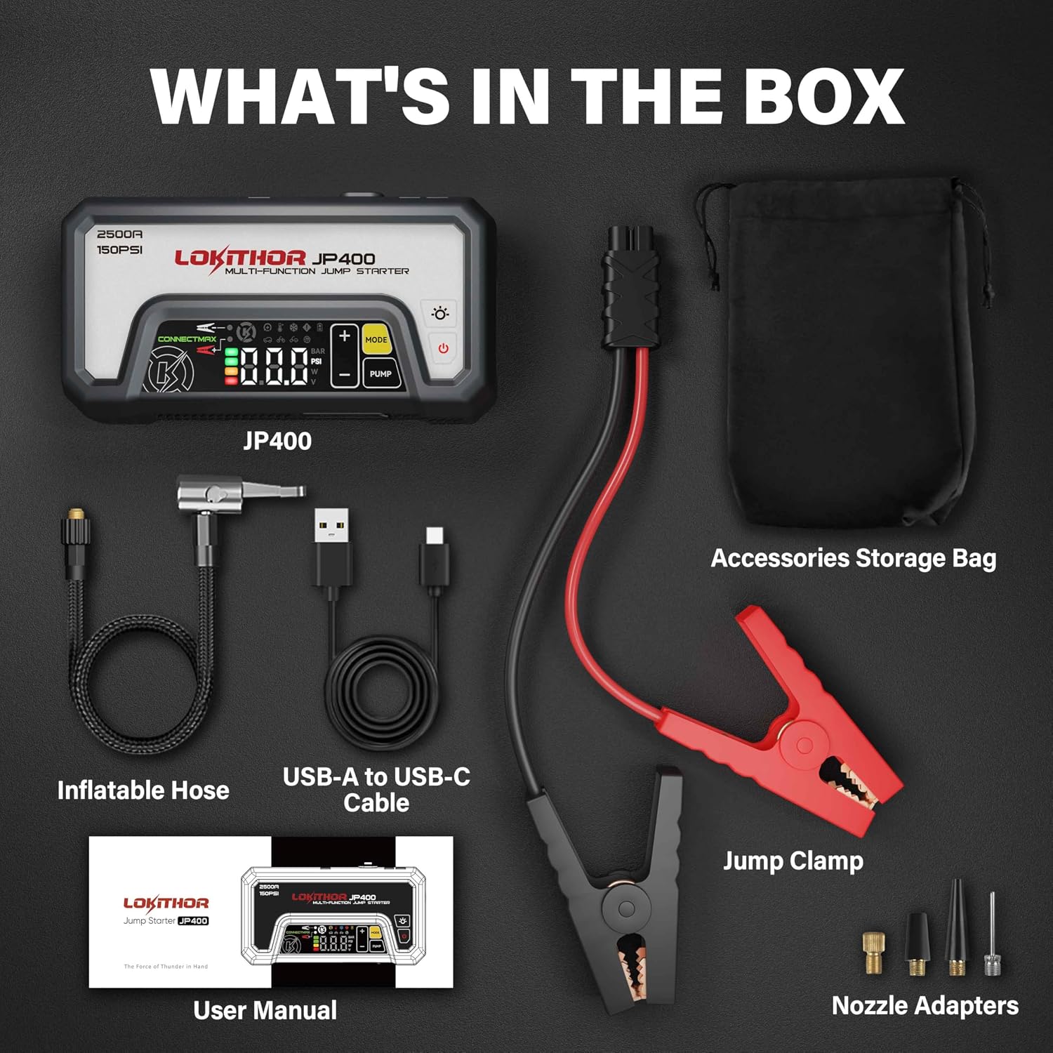LOKITHOR JP400 Jump Starter with Air Compressor for 8.5L Gas/6.5L Diesel | 2500A 12V Portable Jumper Starter for Car, 150PSI Tire Inflator, 300 Lumen LED Light, Power Bank, ConnectMax, Jumper Cables