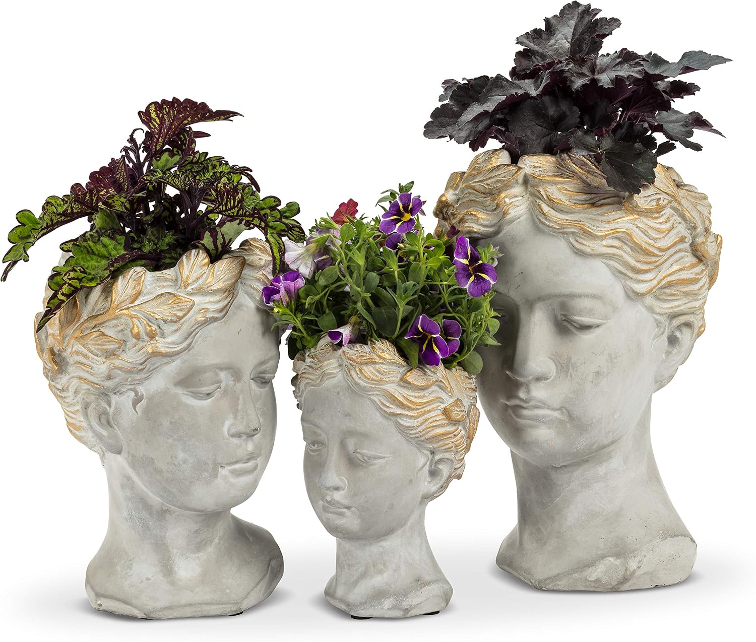 Abbott Collection Large Woman Head Planter | Hand-Finished Greco-Roman Style, Indoor & Outdoor, For Flowers & Succulents, Cement, Gray, 10"H